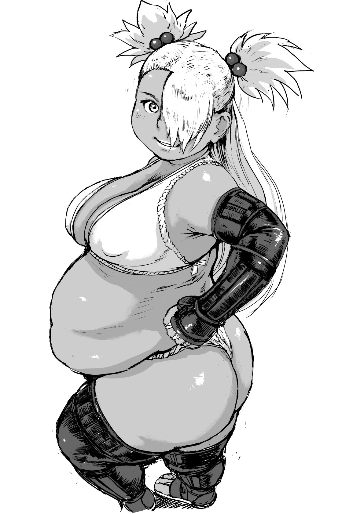 1girls, akimichi chouchou, armwear, ass, ass focus, bbw, belly, big belly, bimbo, black and white, blonde hair, blush, boruto: naruto next generations, bra, bubble ass, bubble butt, chubby, chubby female, clothed, clothing, curvaceous, curves, curvy, curvy body, curvy female, curvy figure, curvy hips, dark skin, dark-skinned female, elbow gloves, erect nipples, erect nipples under clothes, fat ass, female, female focus, female only, fingerless gloves, g-string, hair accessory, hair over one eye, hairclip, hand on hip, hasetubura, hi res, high resolution, highres, hips, legwear, lingerie, lipstick, long gloves, looking at viewer, makeup, monochrome, morbidly obese, naruto, naruto (series), nipple bulge, nipples, obese, obese female, overweight, overweight female, panties, pigtails, pinup, pose, posing, presenting ass, presenting butt, shonen jump, shounen jump, shueisha, skimpy, skimpy clothes, smile, smiling, smiling at viewer, solo, solo female, spiky hair, standing, teenage female, teenager, thigh boots, thighhighs, thong, tied hair, toeless legwear, twintails, underwear, venus body, very high resolution, voluptuous, voluptuous female, weekly shonen jump, weekly shounen jump, white bra, white panties, white thong, white underwear, wide hips