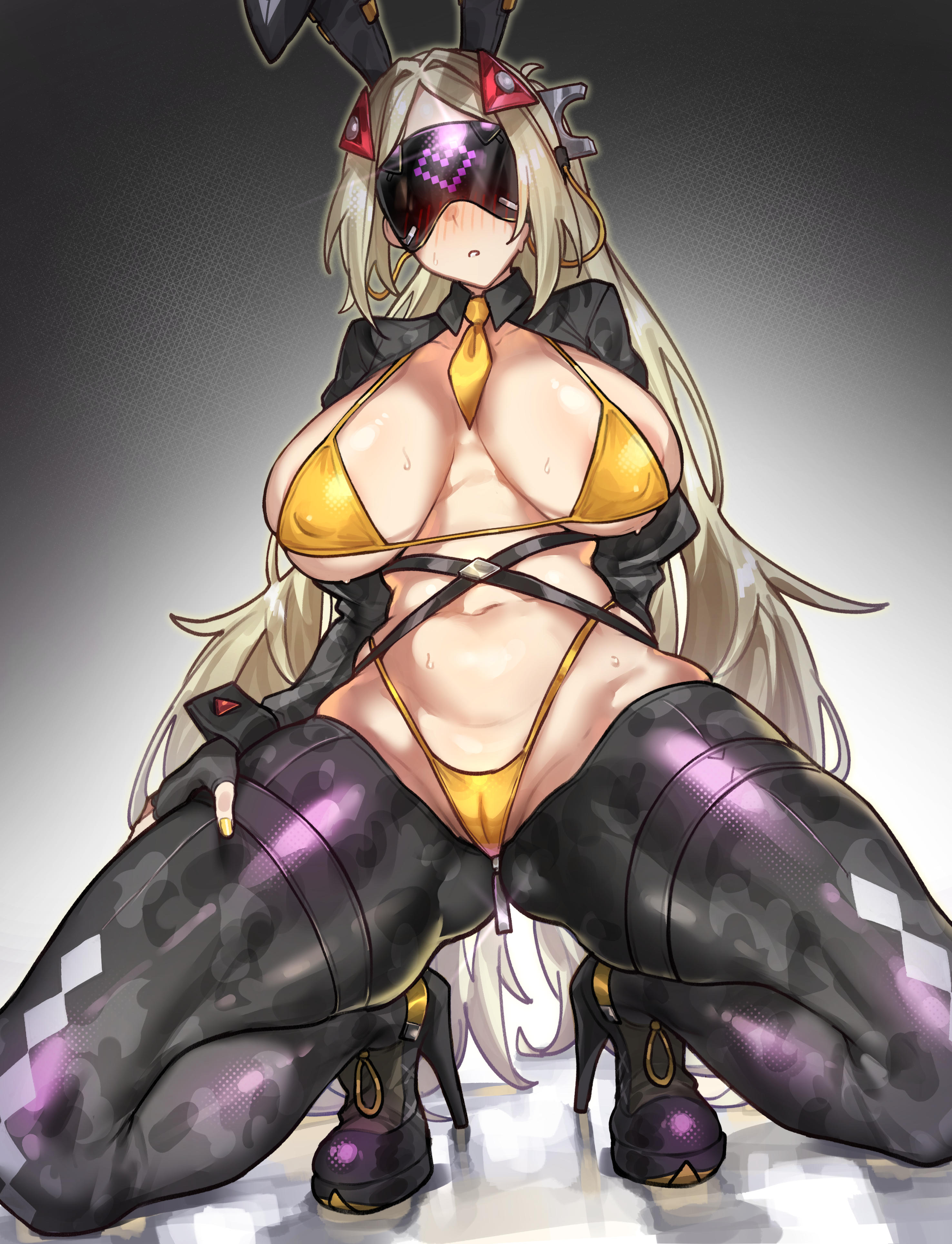 1girls, areola, ass, big ass, big breasts, big butt, big thighs, blonde hair, blush, breasts, bunny ears, bunnysuit, clothed, eyes covered, female, gigantic ass, gigantic thighs, high heels, hoyoverse, huge ass, huge breasts, huge thighs, large ass, long hair, mihoyo, pussy, radishkek, reverse bunnysuit, squatting, sweat, sweatdrop, sweating, tagme, thick ass, thick thighs, thighs, tight clothes, tinted eyewear, trigger (zenless zone zero), visor, visor (eyewear), zenless zone zero