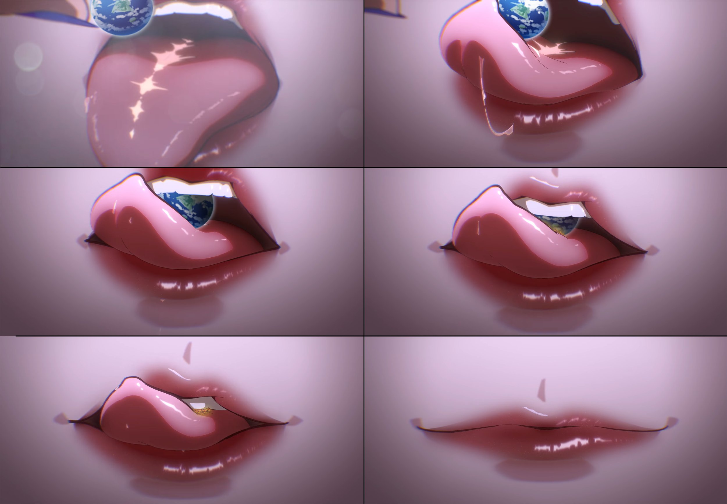 anybrody, cantarella (wuthering waves), comic, earth, giantess, lips, lipstick, open mouth, planet, saliva, smile, textless, tongue, vore, wuthering waves