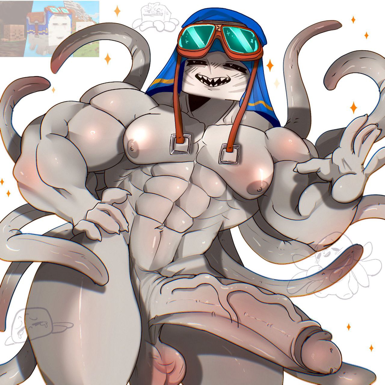 1boy, abs, anthro, bara, completely nude, ghast (minecraft), goggles, goggles on head, grey body, hand on hip, happy ghast (minecraft), hood, huge cock, humanoid, looking at viewer, male, minecraft, minercraft, monster to humanoid, muscular, muscular male, nipples, not originally humanoid, nude, penis, smile, sobalord, sobalord (artist), solo, tentacle, veiny penis, yaoi