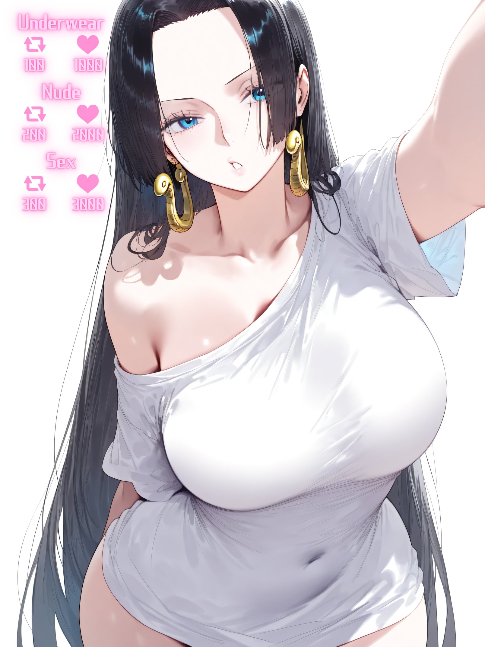 1girls, ai generated, artist request, big breasts, black hair, black-haired female, boa hancock, breasts, clothed, clothing, female, female only, no panties, one piece, shirt only, solo, t-shirt only