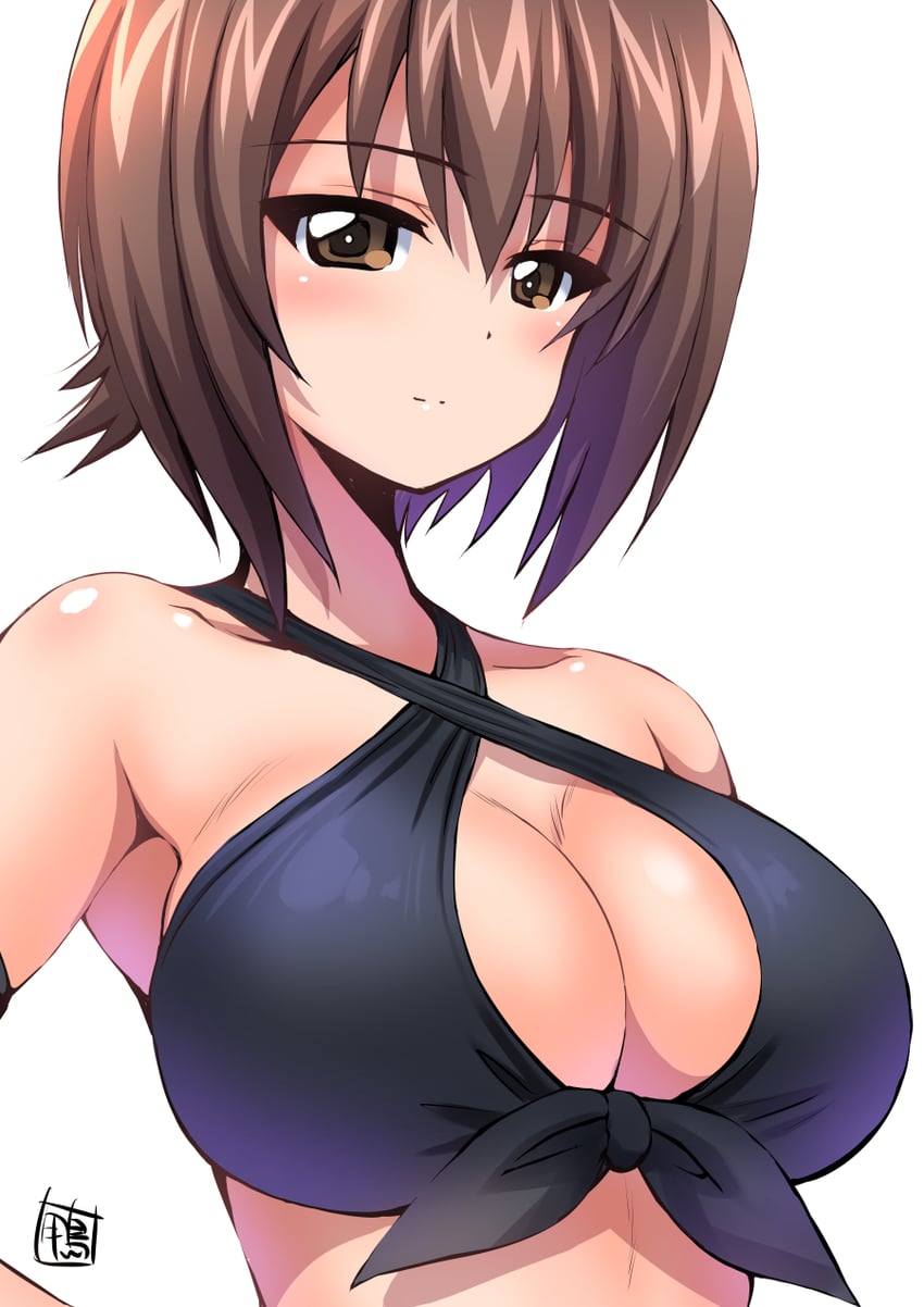 1girls, anime, armpits, big breasts, bikini, black bikini, boob window, breasts, brown eyes, brown hair, closed mouth, cowboy shot, eyebrows visible through hair, female, female focus, female only, girls und panzer, highres, light skin, light-skinned female, nishizumi maho, short hair, simple background, swimsuit, white background