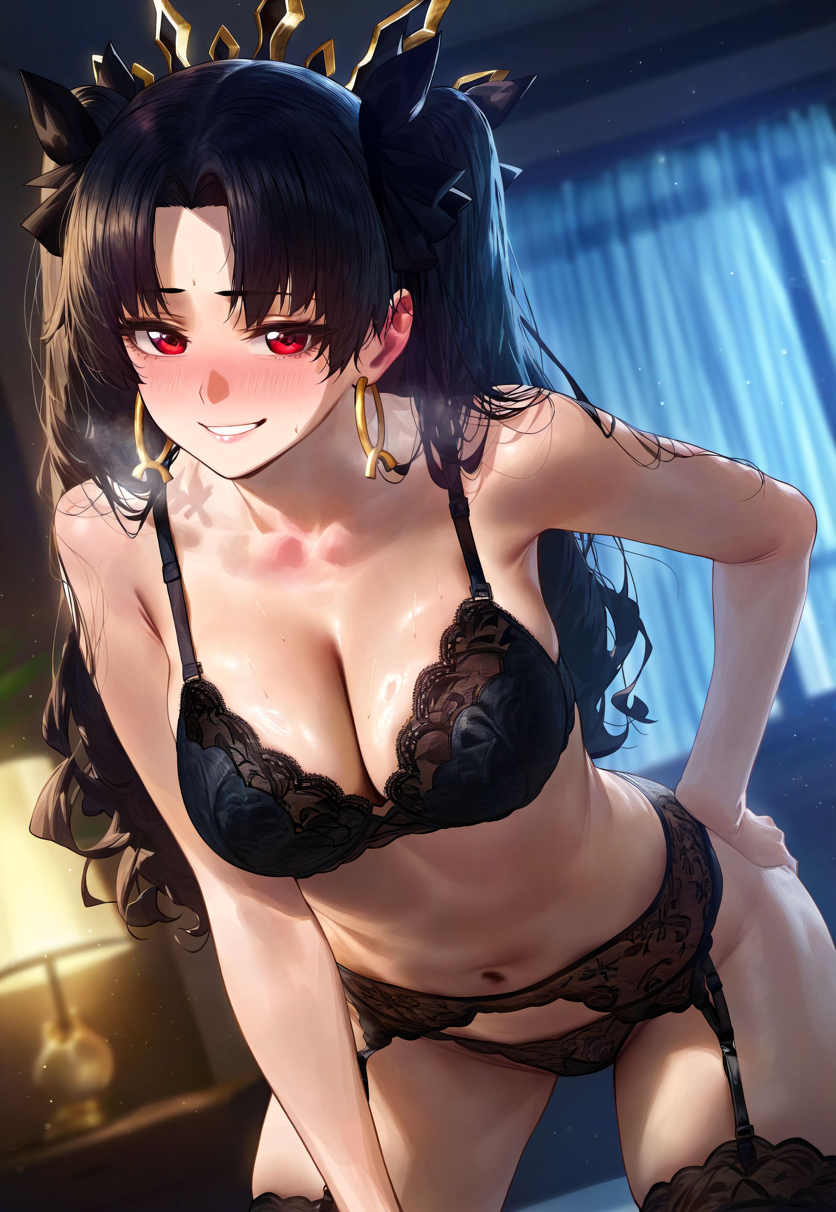 1girls, abs, ai generated, ass, athletic, athletic female, bed, bedroom, big ass, black hair, breasts, crown, fate (series), fate/grand order, female, garter belt, goddess, hoop earrings, ishtar (fate), lingerie, looking at viewer, mikayori, red eyes, snowbunny, solo, solo female, solo focus, steamy breath, stockings, sweaty, sweaty body