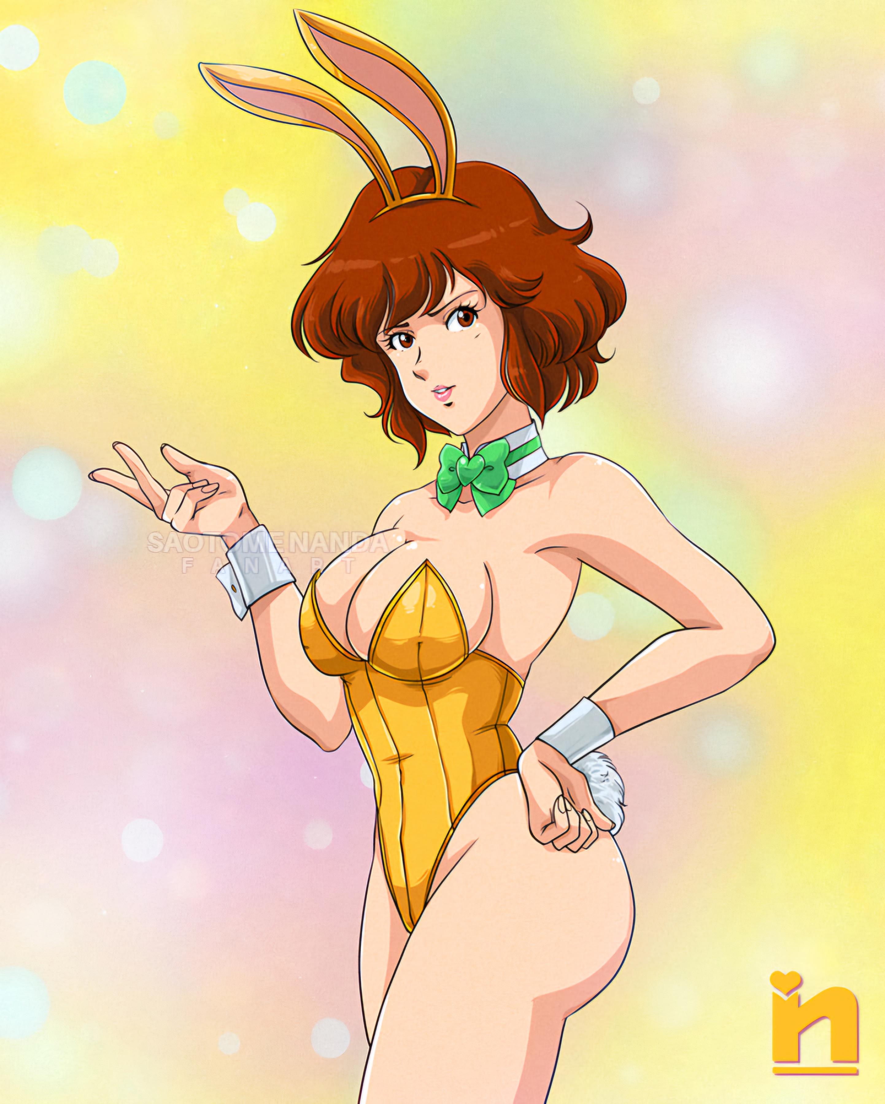 april o'neil, april o'neil (tmnt 1987), bunny ears, bunny girl, bunny tail, bunnysuit, female, retro artstyle, saotome nanda, signature, teenage mutant ninja turtles, text, watermark, yellow bunnysuit
