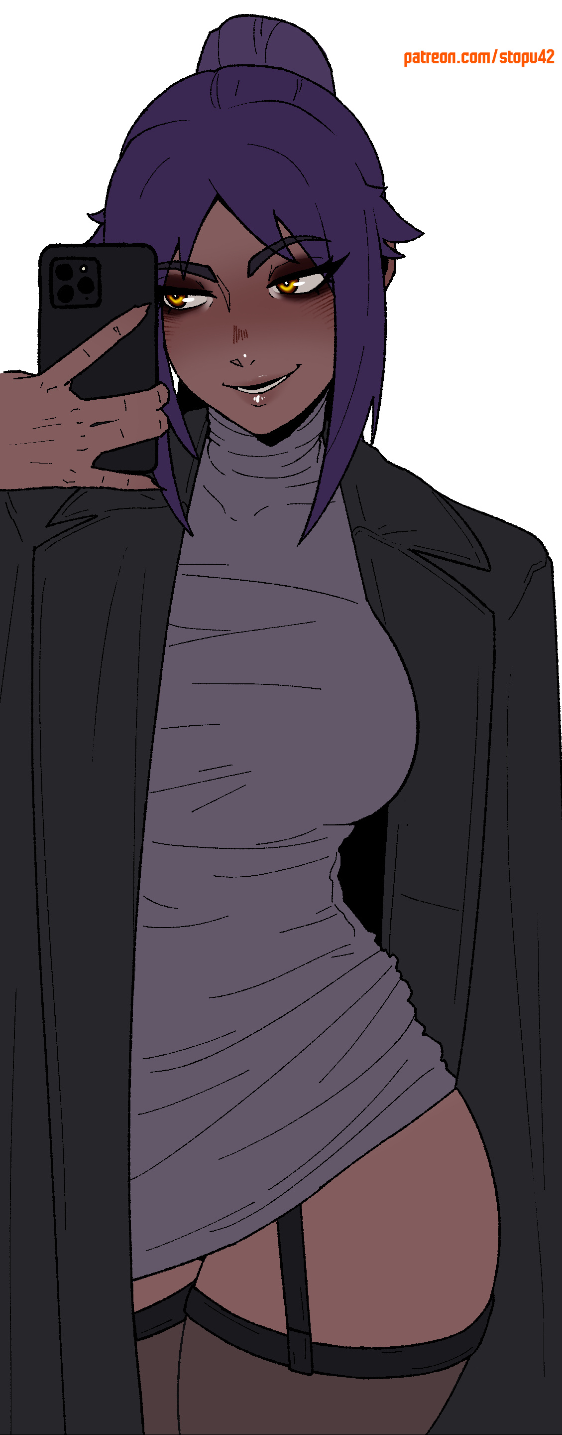 1girls, 2025, 2d, 2d (artwork), amber eyes, artist name, big breasts, bleach, breasts, clothed, clothed female, coat, coat on shoulders, dark skin, dark-skinned female, female, female only, looking away, patreon, phone, ponytail, purple hair, questionable, selfie, shihouin yoruichi, smartphone, solo, solo female, standing, stopu, thigh highs, thighhighs, thighs, yellow eyes