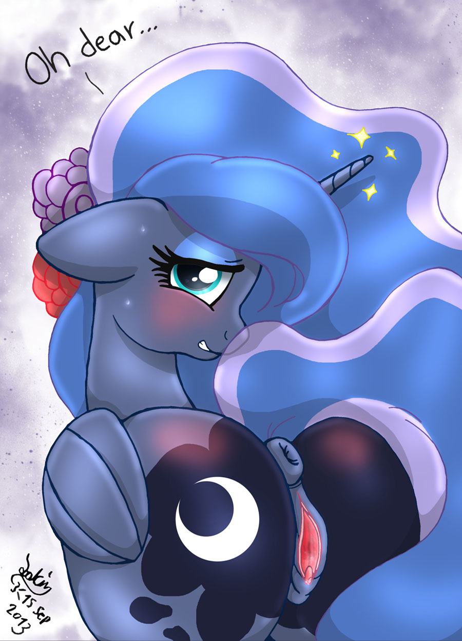 alicorn anus ass blush clitoris equine female friendship_is_magic hair horn horse joakaha long_hair looking_back my_little_pony pony princess_luna_(mlp) puffy_anus pussy solo wings