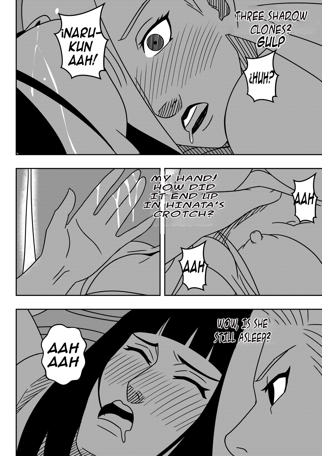 2girls, accidental circumstance, accidental sex, accidental yuri, blunt bangs, blush, breasts, closed eyes, comic, dialogue, english text, female, genital fluids, hime cut, hyuuga hinata, indoors, ino yamanaka, long hair, moaning, molestation, monochrome, multiple females, multiple girls, naruto, naruto (series), naruto shippuden, naruto: the last, ninrubio, one breast out, pajamas, pussy, pussy juice, sleep molestation, sleep sex, sleeping, story, tent, unintentional, waking up, wet, wet pussy, yamanaka ino, yuri