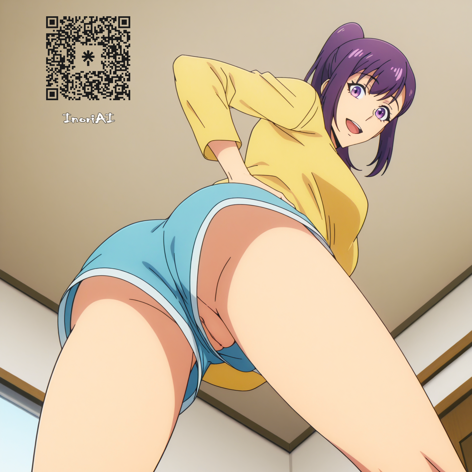 ai generated, blue shorts, female, inoriai, purple eyes, purple hair, pussy, sister leveling, solo leveling, sung jin-ah, upshorts, yellow shirt