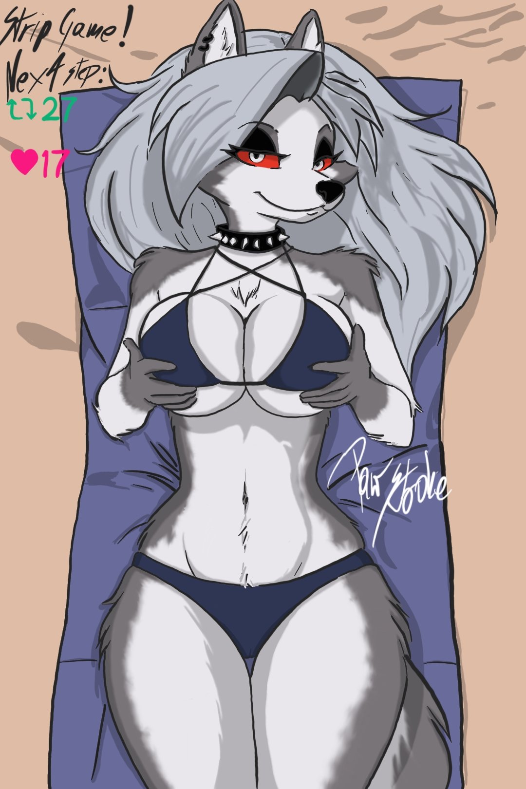 1girls, beach, belly, belly button, boob squish, bra, breasts, eye contact, female, from above, fur, furry, grey hair, laying down, laying on back, looking at viewer, loona (helluva boss), navel, pawstroke, red eyes, squeezing breast, thighs, thighs together, underwear, white body, white fur, yiff