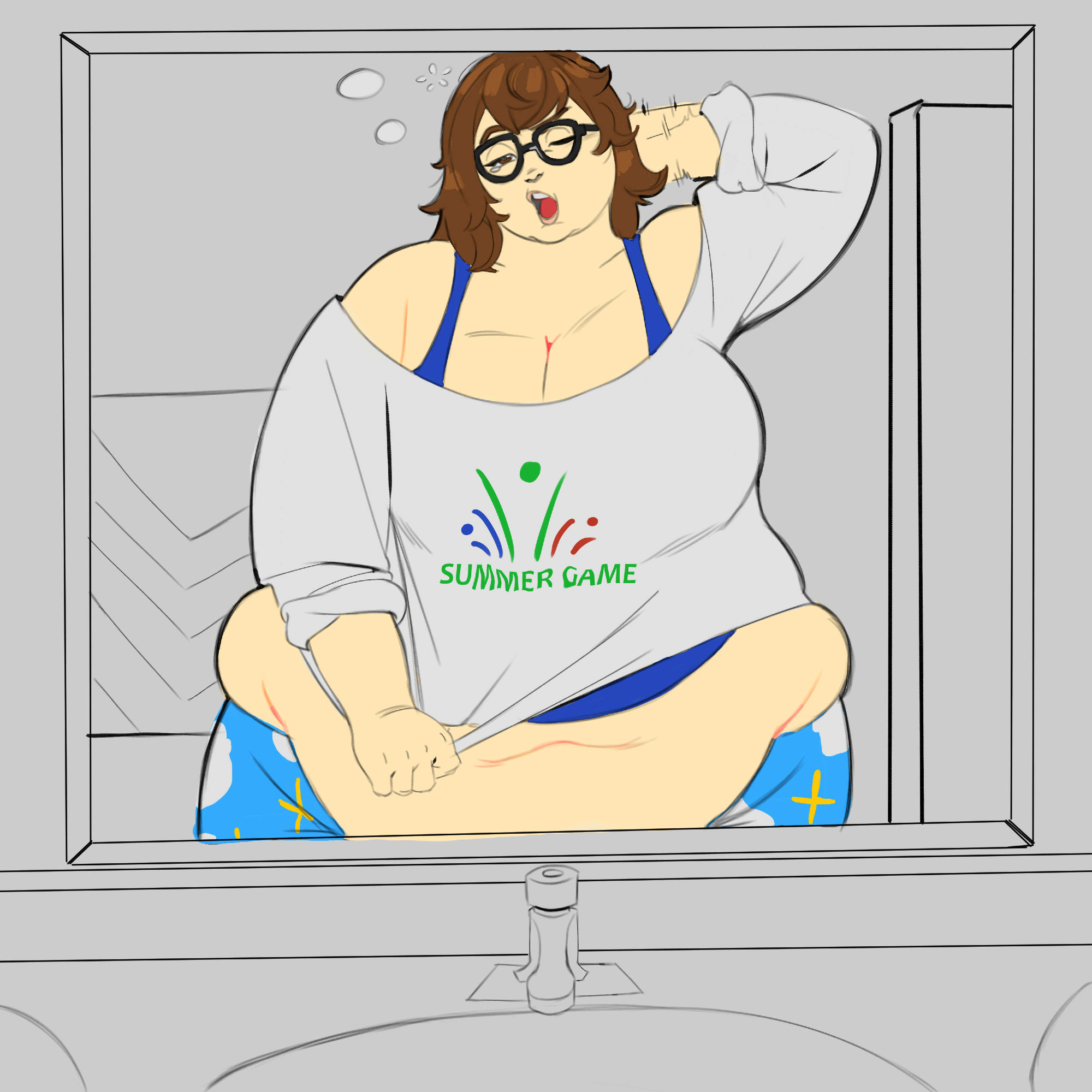 1girls, bbw, breasts, cleavage, fat, fat female, female, female only, horizontal navel, huge breasts, human, large breasts, love handles, maphu, mei (overwatch), mirror, overwatch, overwatch 2, overwatch archives, pajamei, solo, solo female, weight gain