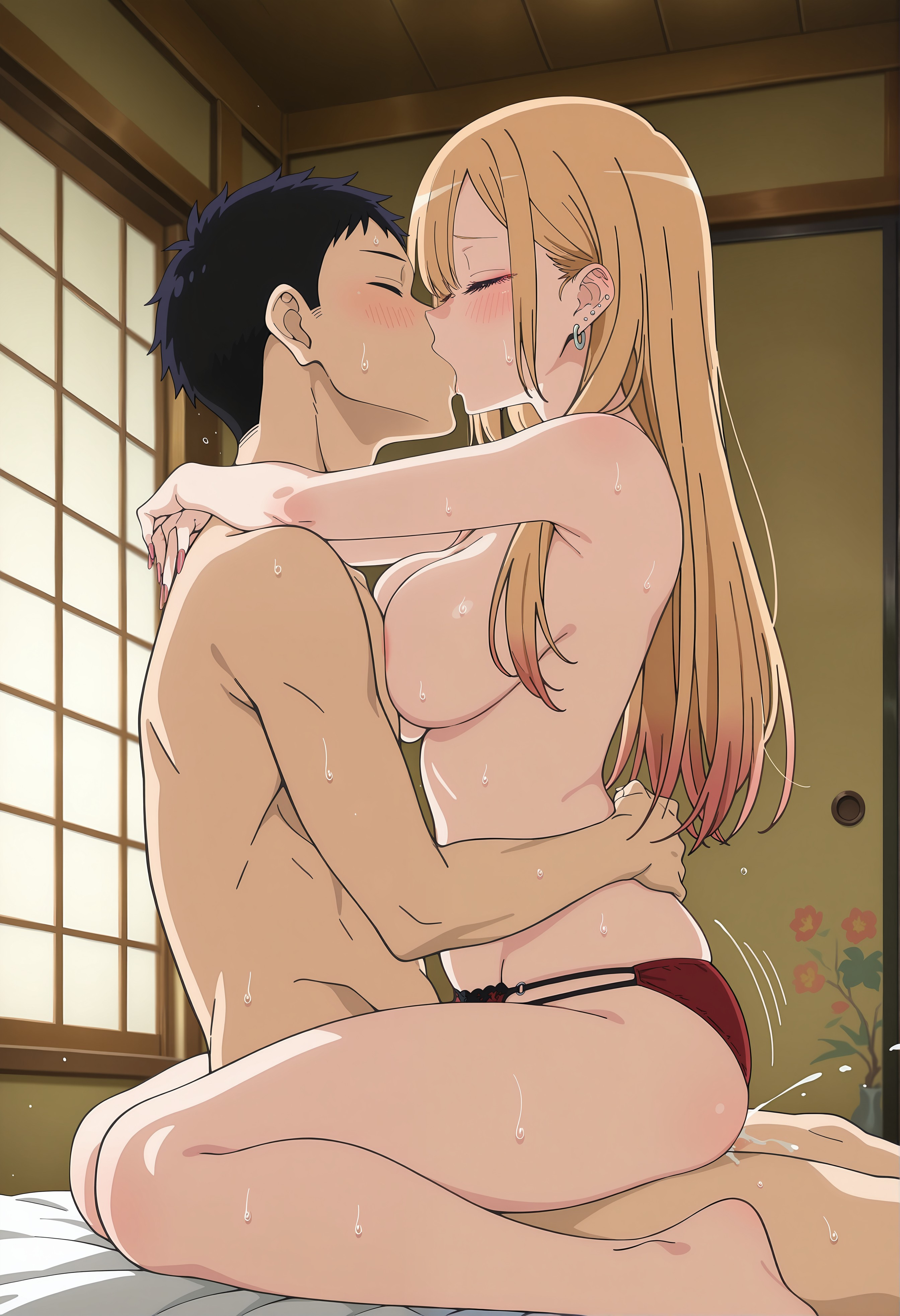 ai generated, blush, cowgirl position, gojou wakana, high resolution, holding each other, kissing, kissing while penetrated, kitagawa marin, my dress up darling, naked, red panties, sweat, upright straddle, very high resolution