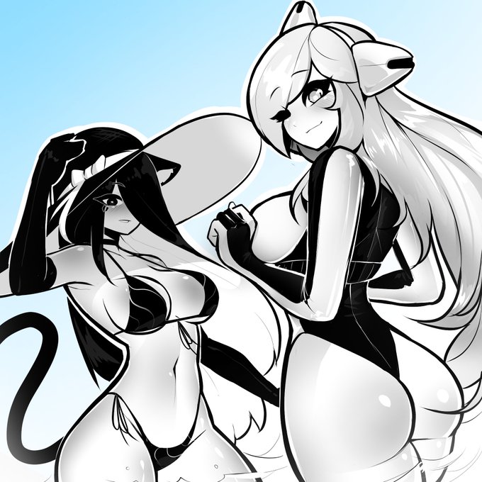 2girls ami_(gwain_saga) ass cat_ears cat_tail female gwain_saga hat oc swimsuit tekona water