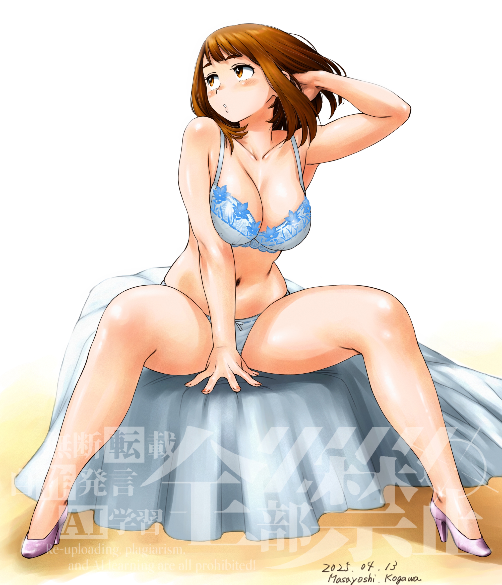 1girls, 2d, 2d (artwork), arm support, armpit, artist name, artist signature, bangs, belly, big breasts, blue bra, blue panties, blush, bra, breasts, brown eyes, brown hair, brown-haired female, cleavage, collarbone, female, hand between legs, hand in hair, hi res, high heels, hourglass figure, human, kogawa masayoshi, large breasts, legs, light skin, light-skinned female, lingerie, looking away, looking to the side, medium hair, my hero academia, navel, ochako uraraka, one arm behind head, one arm up, panties, pinup, pose, shoes, sitting, slim waist, solo, spread legs, straight hair, thick thighs, thighs, underwear, wide hips