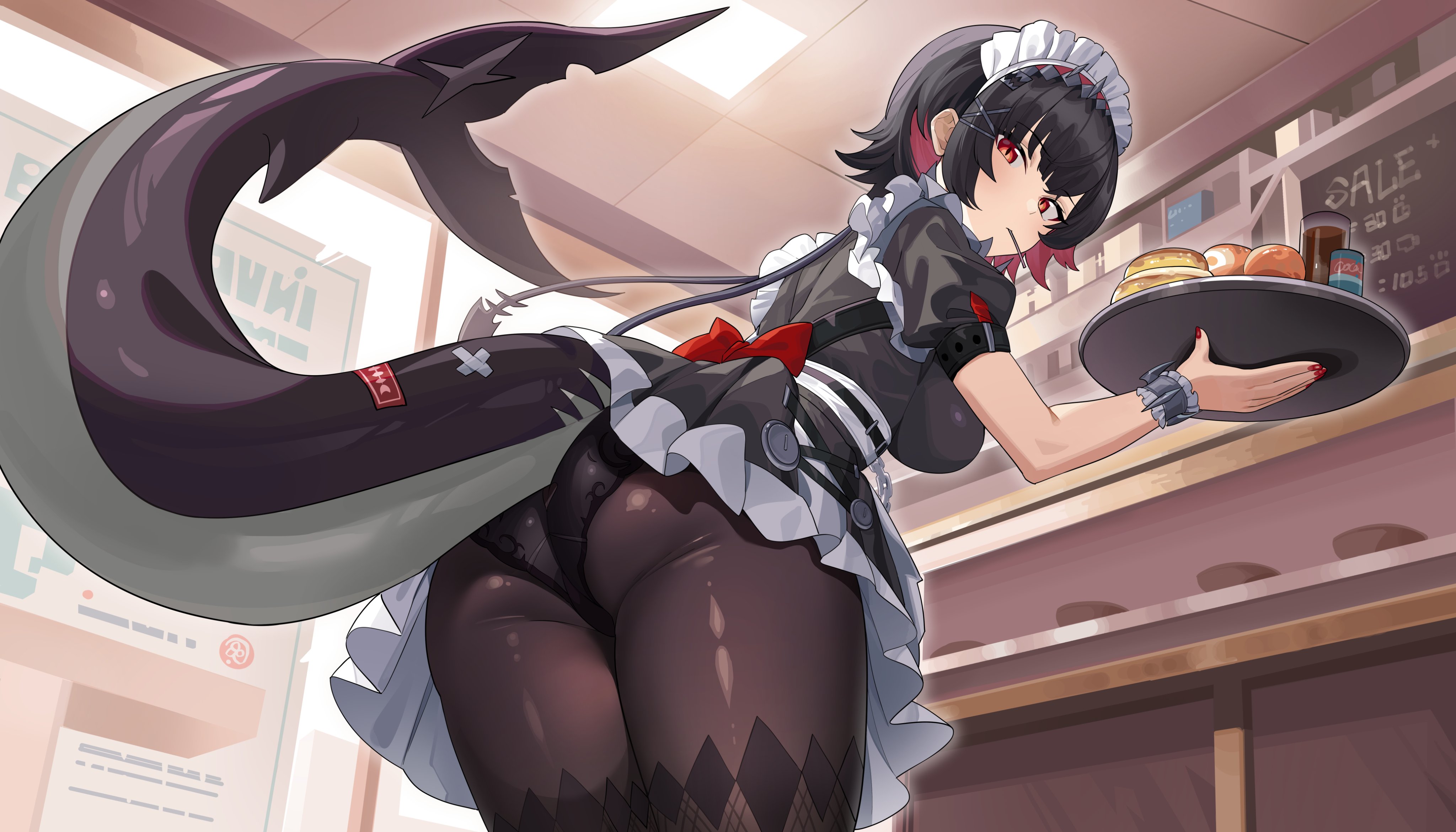 1girls, absurdres, ass, black dress, black hair, breasts, colored inner hair, commentary request, counter, dress, dysoor, ellen joe, female, female only, fins, fish tail, from behind, hair ornament, hairband, highres, holding, holding tray, indoors, large breasts, leaning forward, lollipop in mouth, looking at viewer, looking back, maid, maid headdress, metal hairband, mole, mole under eye, multicolored hair, panties, panties under pantyhose, pantyhose, red eyes, red nails, scar, scar on tail, second-party source, shark girl, shark tail, short hair, solo, spiked headband, tail, tray, two-tone hair, underwear, x hair ornament, zenless zone zero
