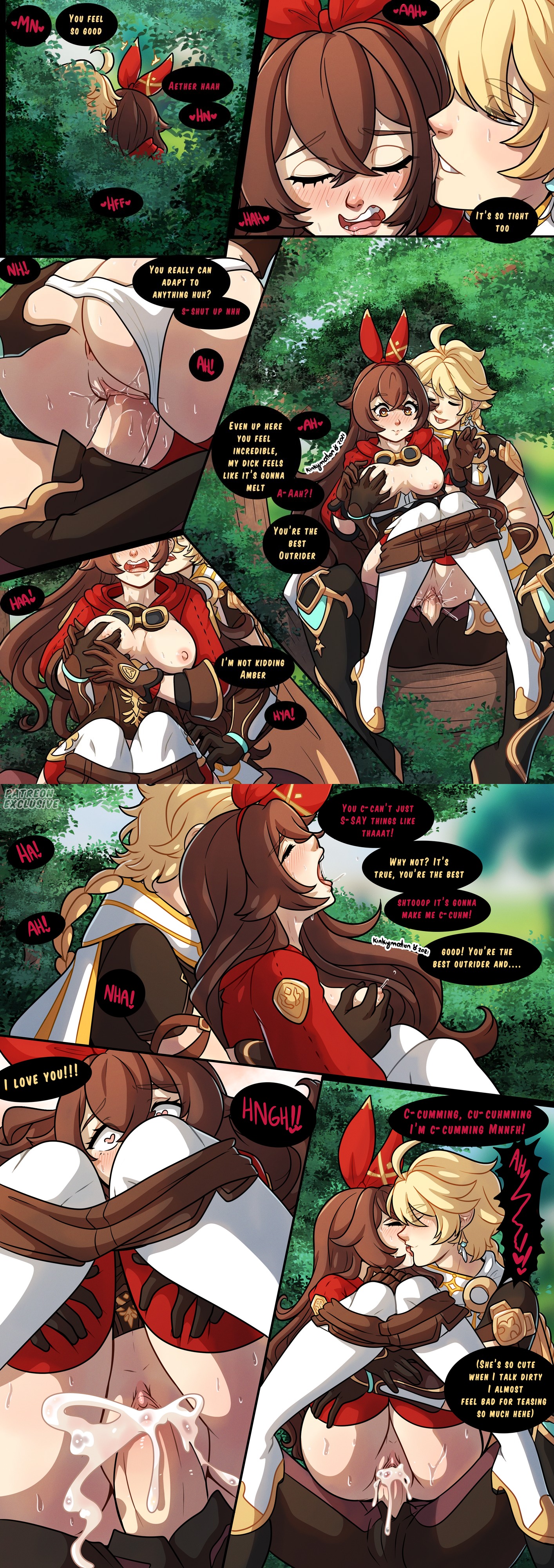 1boy, 1girls, aether (genshin impact), amber (genshin impact), blush, breast grab, breasts, cum, cum in pussy, cum inside, english text, female, genshin impact, grabbing another's breast, grabbing from behind, groping, heart-shaped pupils, kinkymation, male, outdoors, pussy, speech bubble, text, touching breast