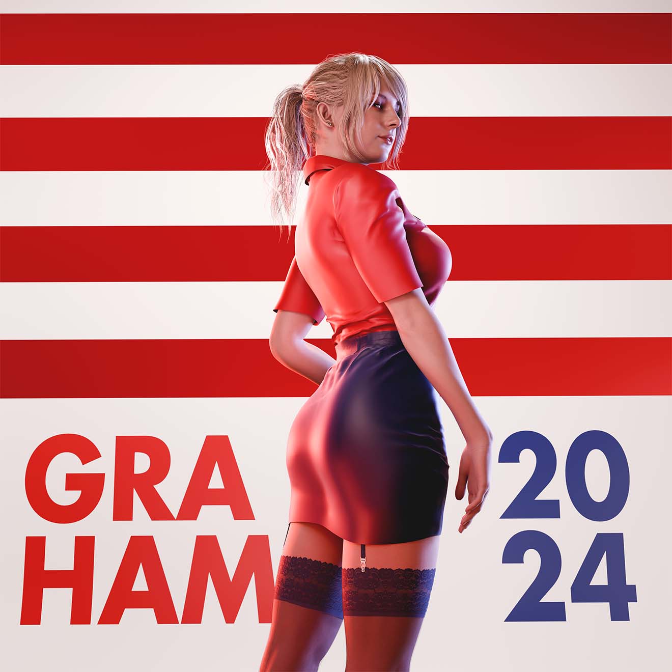 3d, 3d (artwork), ashley graham, ashley graham (ella freya), ass, ass focus, back view, big ass, blonde hair, dress shirt, female, garter straps, political, politician, politics, ponytail, president, resident evil, resident evil 4, resident evil 4 remake, skirt, stockings, thiccboysteven, tight clothing
