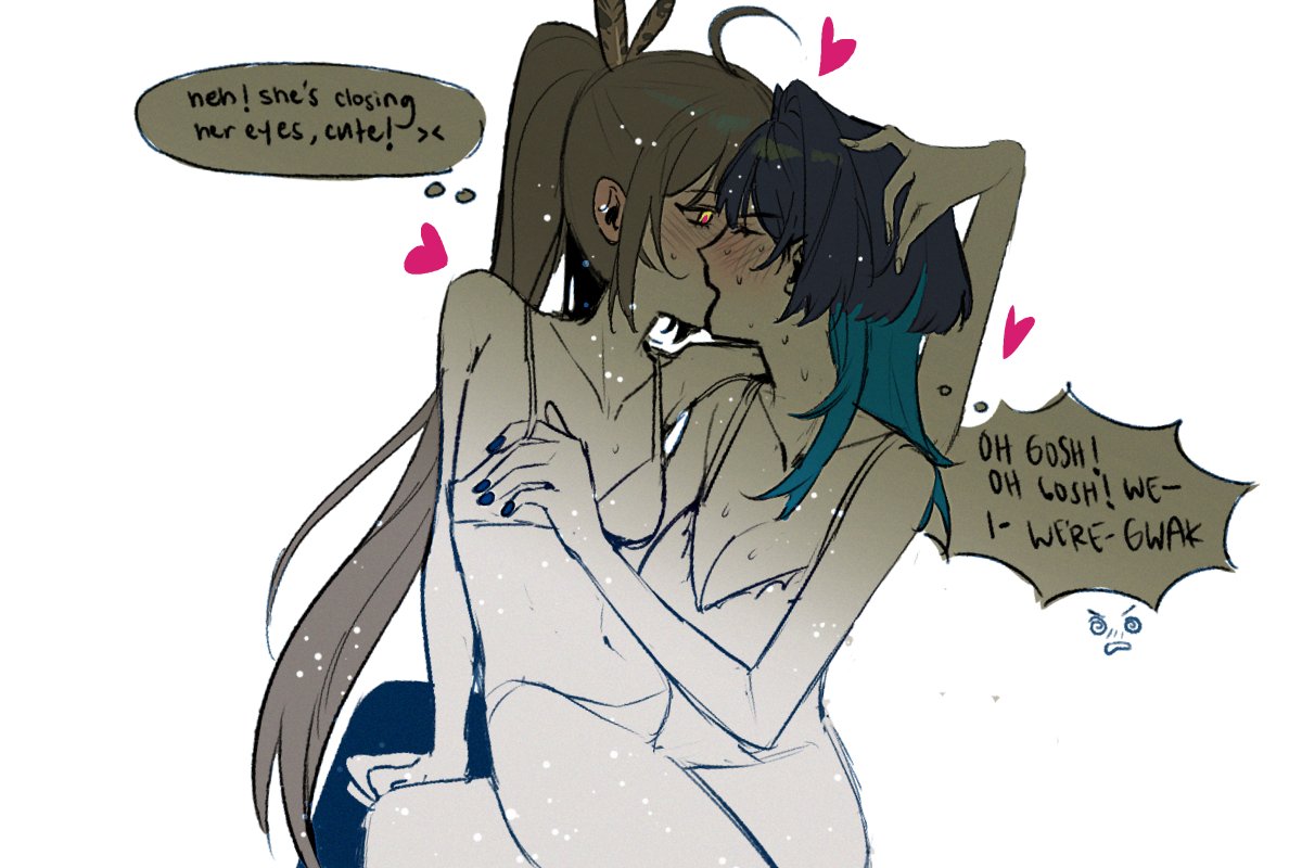 2girls, female, highres, hololive, hololive english, hololive english -council-, hololive english -promise-, kissing, nanashi mumei, ouro kronii, text, virtual youtuber, yuri