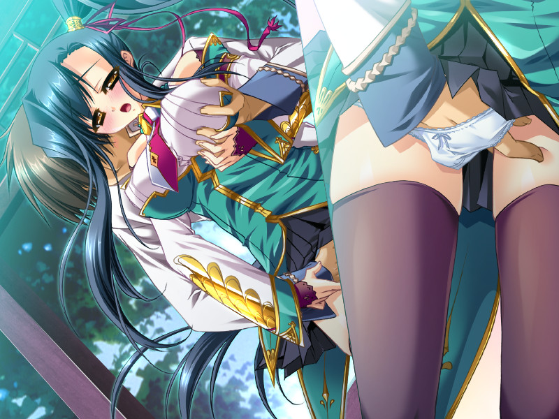 baseson black_hair blush female fingering game_cg hongou_kazuto kan'u_unchou_(koihime) katagiri_hinata koihime†_(series) koihime_musou long_hair ponytail thighhighs tied_hair underwear yellow_eyes