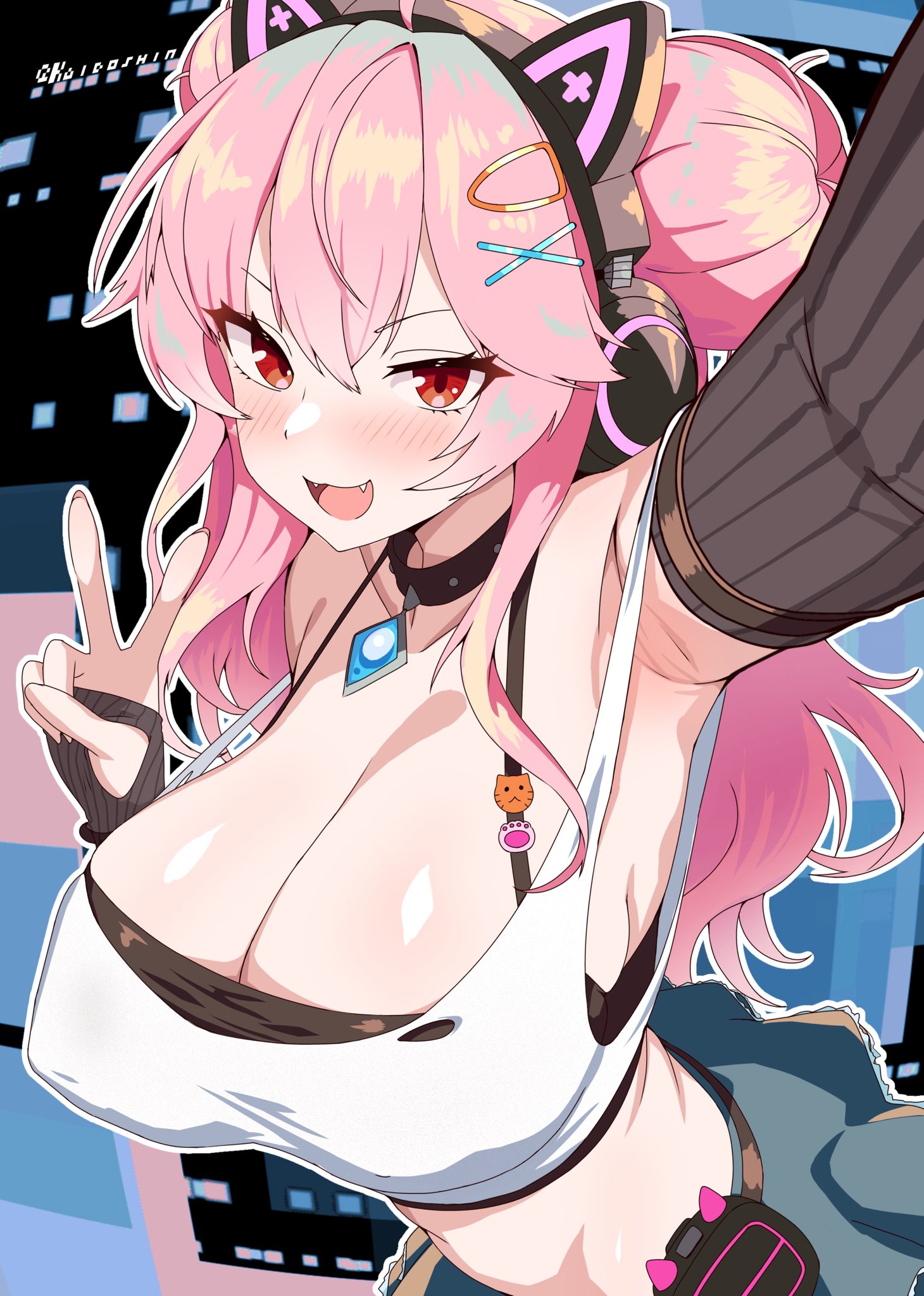 cat ears, guardian tales, kaidoshin (artist), mouth open, purple eyes, red eyes, ruri (guardian tales), streamer ruri (guardian tales), tagme