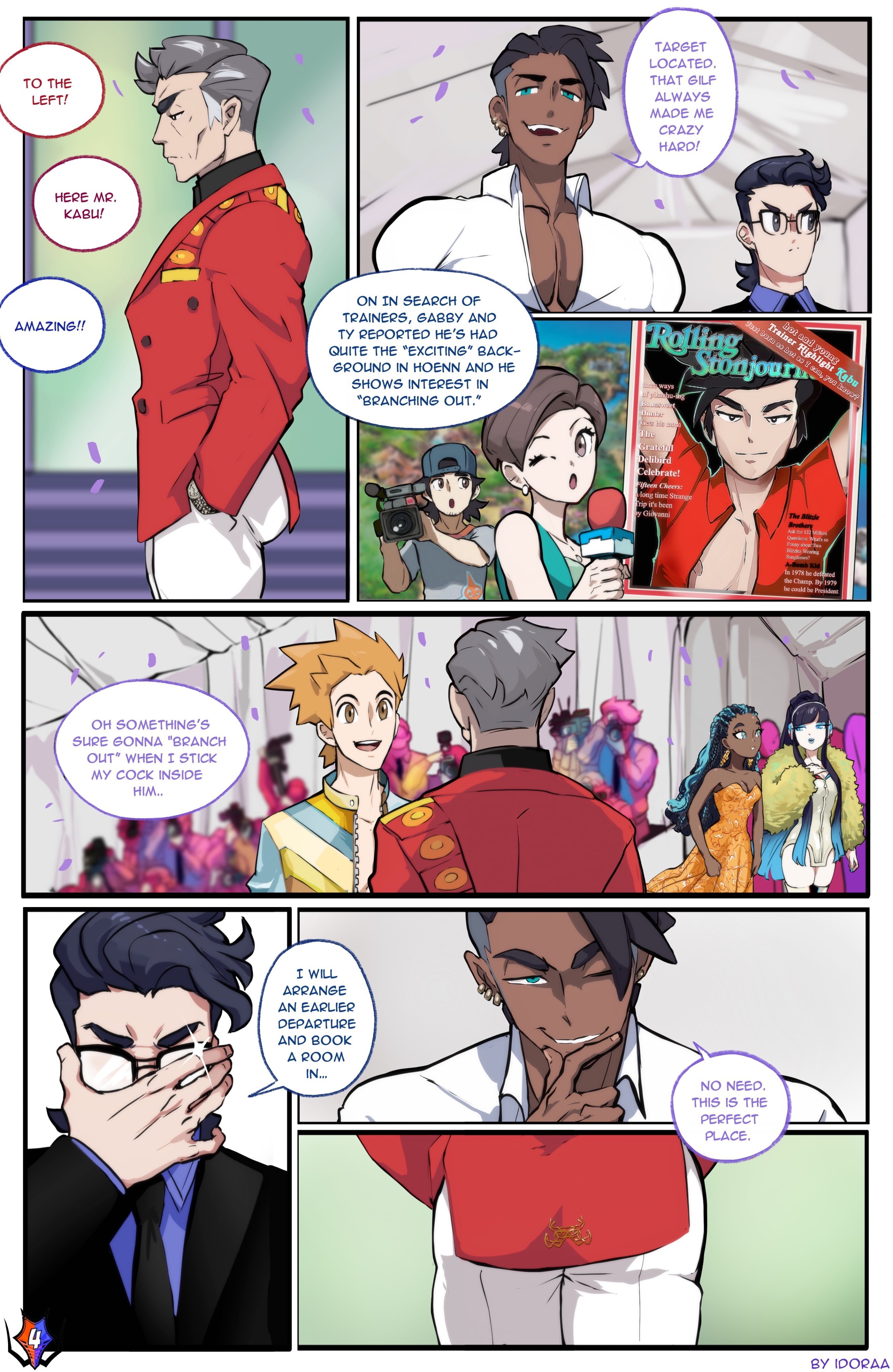 comic, comic page, daddy, dark skin, dark-skinned male, dilf, elesa (pokemon), english text, female, gay, gdilf, idoraad, kabu (pokemon), leering, lilprincyvi, male, nessa (pokemon), pokemon, raihan (pokemon), smirk, tagme