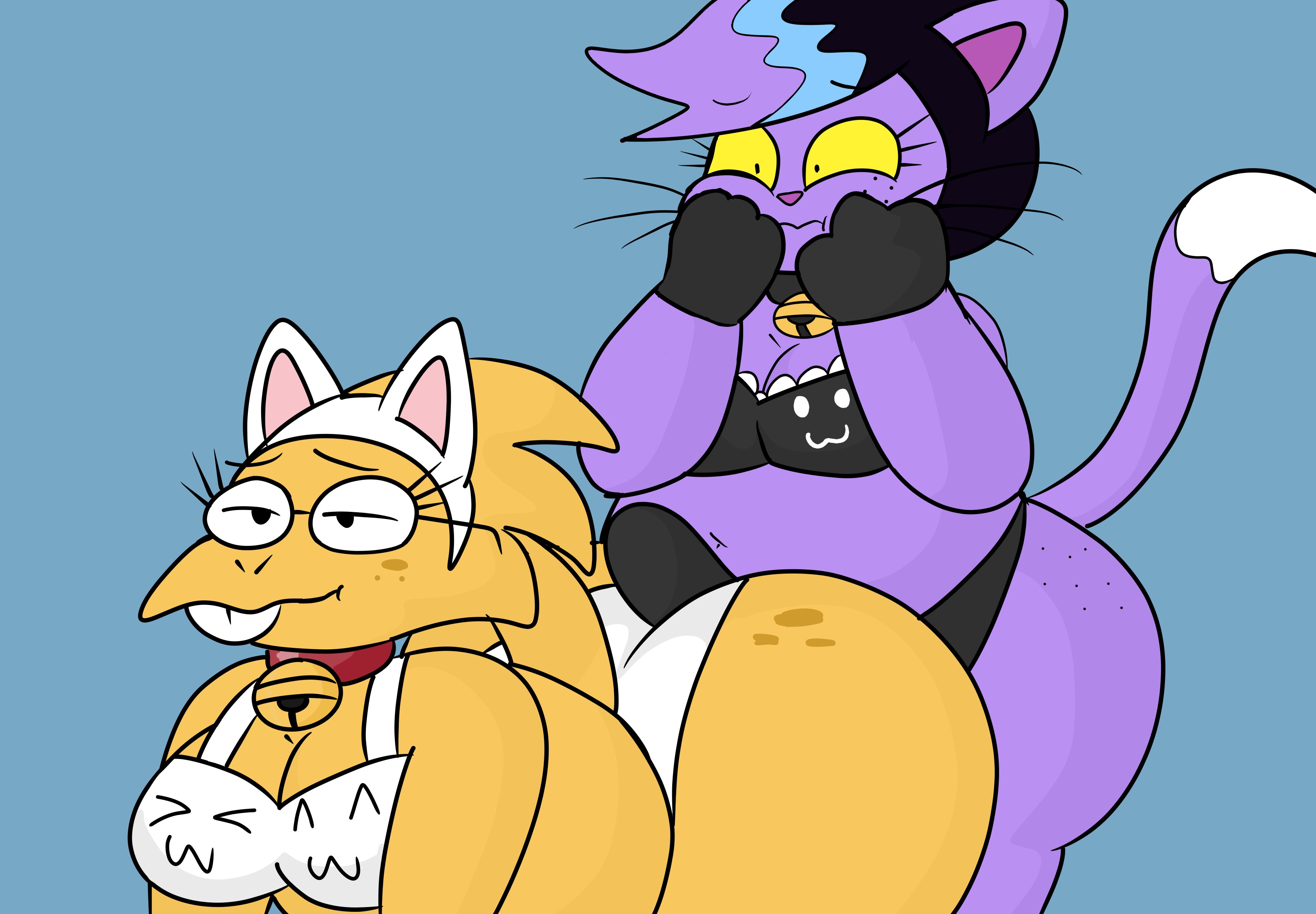 1futa, 1girls, alphys, ass, big ass, brappycatty, buttjob, cat ears, cat tail, catty (undertale), female, futanari, hot dogging, intersex, purple fur, sunniefunnie, undertale, yellow skin