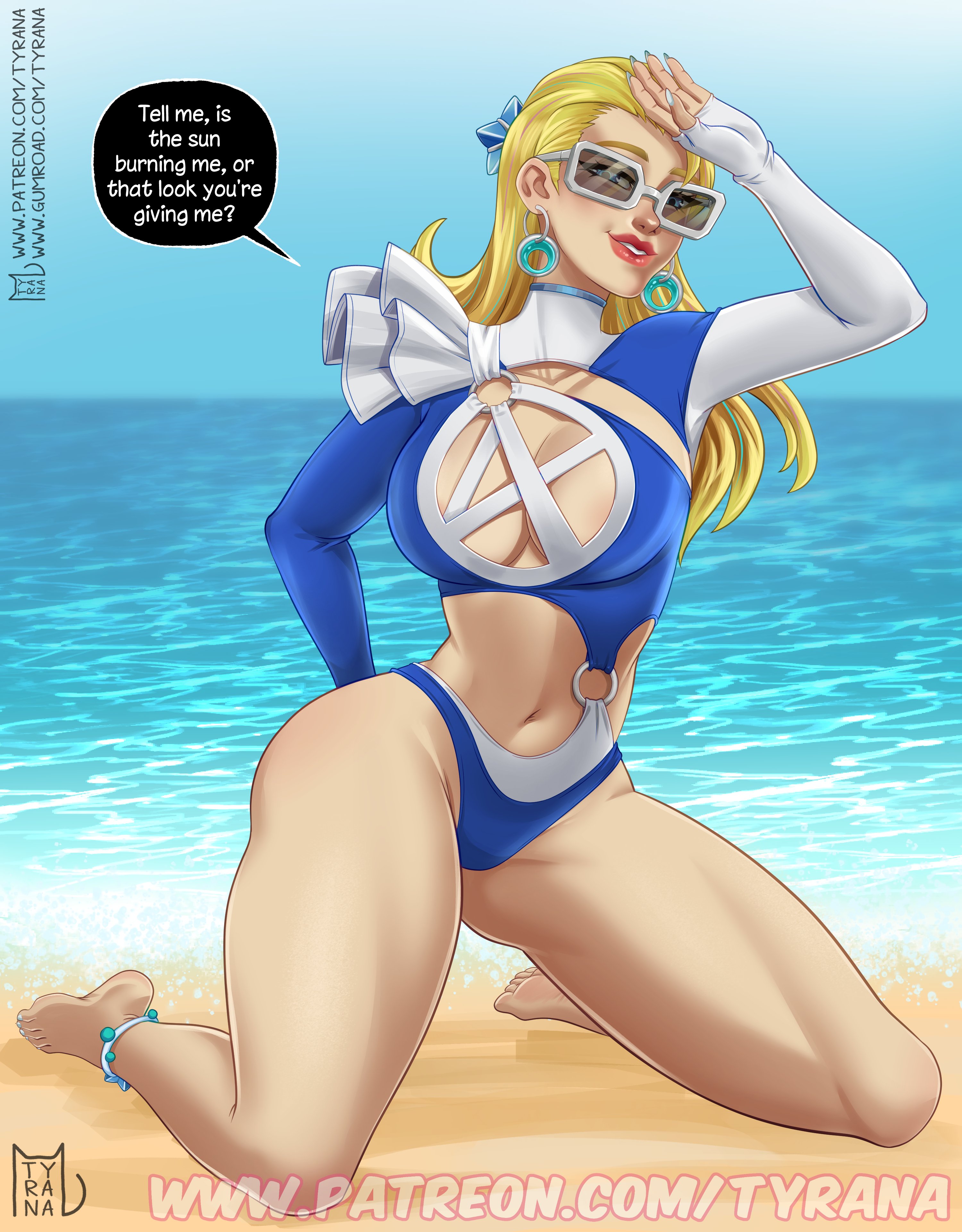 1girls, beach, blonde female, blue eyes, blue swimsuit, breasts, exposed breasts, fantastic four, female, invisible woman, invisible woman (azure shade), invisible woman (marvel rivals), long hair, marvel, marvel comics, marvel rivals, sue richards, sue storm, sunglasses, swimsuit aside, tinted eyewear, tyrana, water