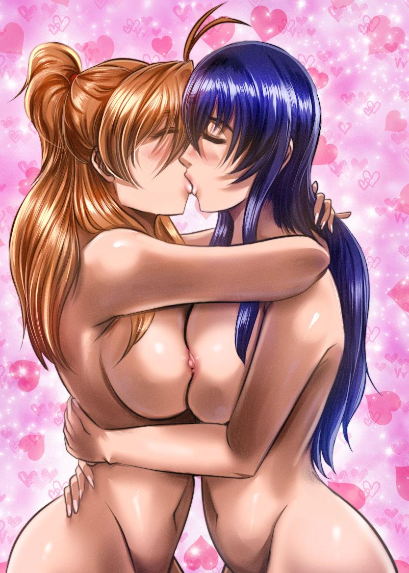 2girls, big breasts, breast press, breasts, brown hair, busty, curvaceous, curvy, curvy body, curvy female, curvy figure, curvy hips, embrace, female, female only, girlfriends, highschool of the dead, hourglass figure, huge breasts, kissing, large breasts, lesbian, lesbian couple, lesbian kiss, lesbians, long hair, nude, passionate, passionate kiss, penzoom, purple hair, rei miyamoto, romantic, saeko busujima, voluptuous, voluptuous female, yuri