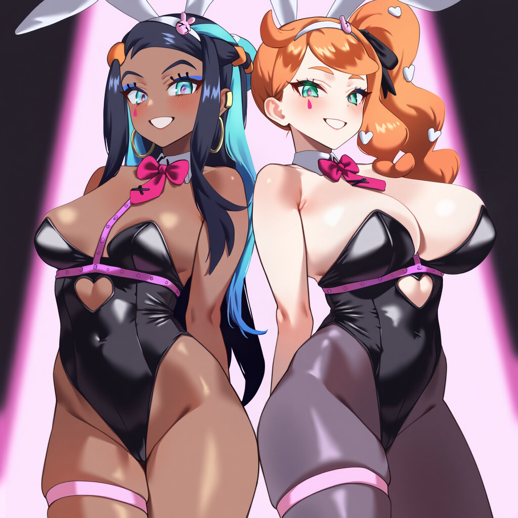 2girls ai_generated alternative_costume animal_ears aqua_eyes aqua_hair arms_behind_back bangs bare_shoulders black_hair black_legwear black_leotard blue_eyes blue_eyeshadow blue_hair blush bow bowtie breasts bunny_girl bunny_tail bunnysuit cleavage clothing clothing_cutout covered_navel dark-skinned_female dark_skin detached_collar earrings eyeshadow fake_animal_ears female green_eyes grin hair_ornament heart heart_cutout heart_hair_ornament highleg highleg_leotard hoop_earrings jewelry large_breasts legwear leotard long_hair looking_at_viewer medium_breasts multicolored_hair multiple_girls navel neckwear nessa_(pokemon) orange_hair pantyhose pink_bow pink_bowtie playboy_bunny pokemon pokemon_(game) pokemon_professor pokemon_sword_&_shield ponytail rabbit_ears rabbit_hole_(vocaloid) shaddai side_ponytail single_hair_bun skindentation smile sonia_(pokemon) standing strapless strapless_leotard thick_thighs thigh_strap thighs two-tone_hair wrist_cuffs