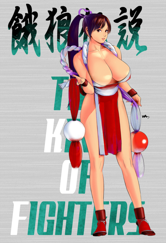 breasts brown_eyes brown_hair cleavage dress fatal_fury female female_only hair hair_ribbon huge_breasts human king_of_fighters large_breasts legs mai_shiranui obi ponytail sandals snk socks solo standing tied_hair wakino_keibun