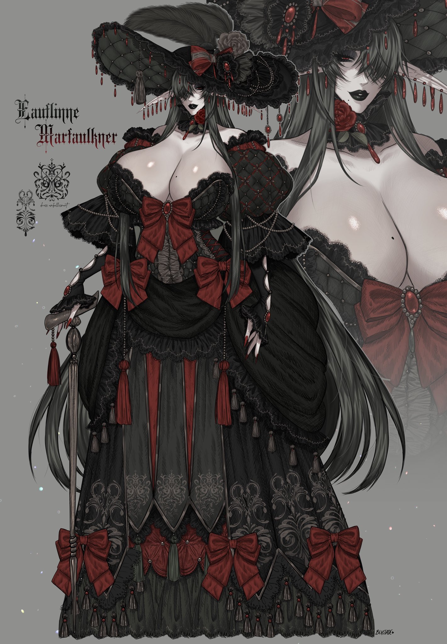 ass, bangs, big ass, big breasts, black lipstick, blyssade, breasts, breasts bigger than head, cane, cleavage, clothing, dress, female, fingernails, goth, goth girl, gothic, hat, huge breasts, large ass, large breasts, light skin, light-skinned female, lipstick, long hair, long sleeves, original character, pale skin, pale-skinned female, puffy sleeves, solo, victorian, white background