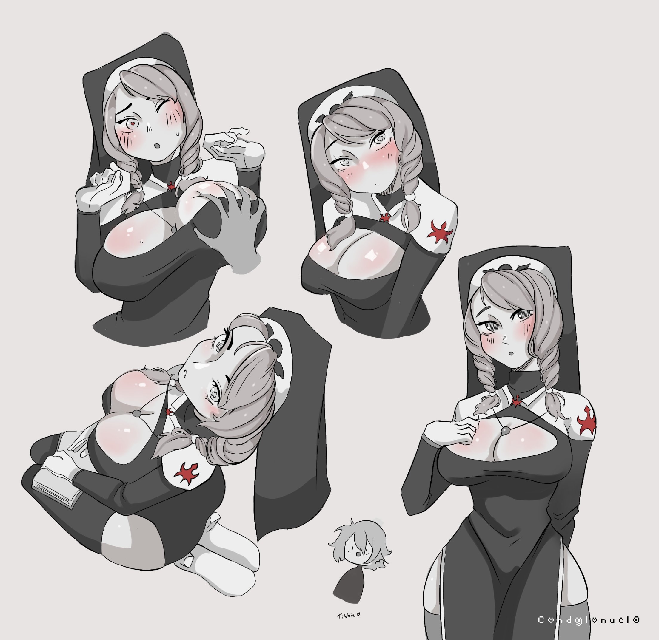 breast grab, breasts, cleavage, condylonucla, female, groping, large breasts, looking at viewer, near monochrome, nun, sister freyla, tagme, thighhighs
