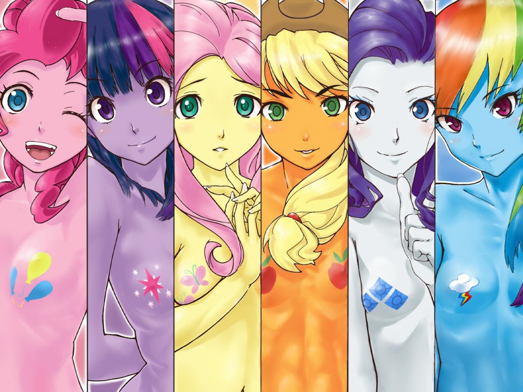 6girls, applejack (mlp), blue skin, female, fluttershy (mlp), friendship is magic, humanized, mane six (mlp), my little pony, orange skin, pasties, pink skin, pinkie pie (mlp), purple skin, rainbow dash (mlp), rarity (mlp), smauraikyo45, smooth skin, twilight sparkle (mlp), white skin, yellow skin