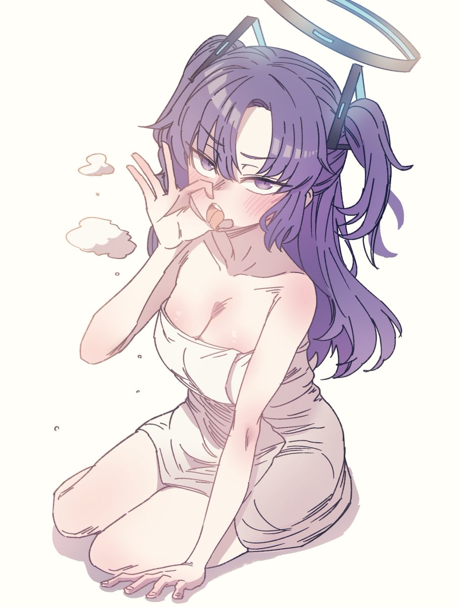 1girls, anygatsby, blowjob gesture, blue archive, blue hair, blush, female, halo, kneeling, looking at viewer, solo female, towel, towel only, yuuka (blue archive)