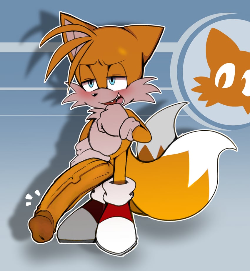 big penis, blush, erection, fur, furry, gigantic penis, holding penis, hung femboy, male focus, male only, miles prower, miles tails prower, penis, small but hung, sonic (series), sonic the hedgehog (series), tails the fox, twixbartrix