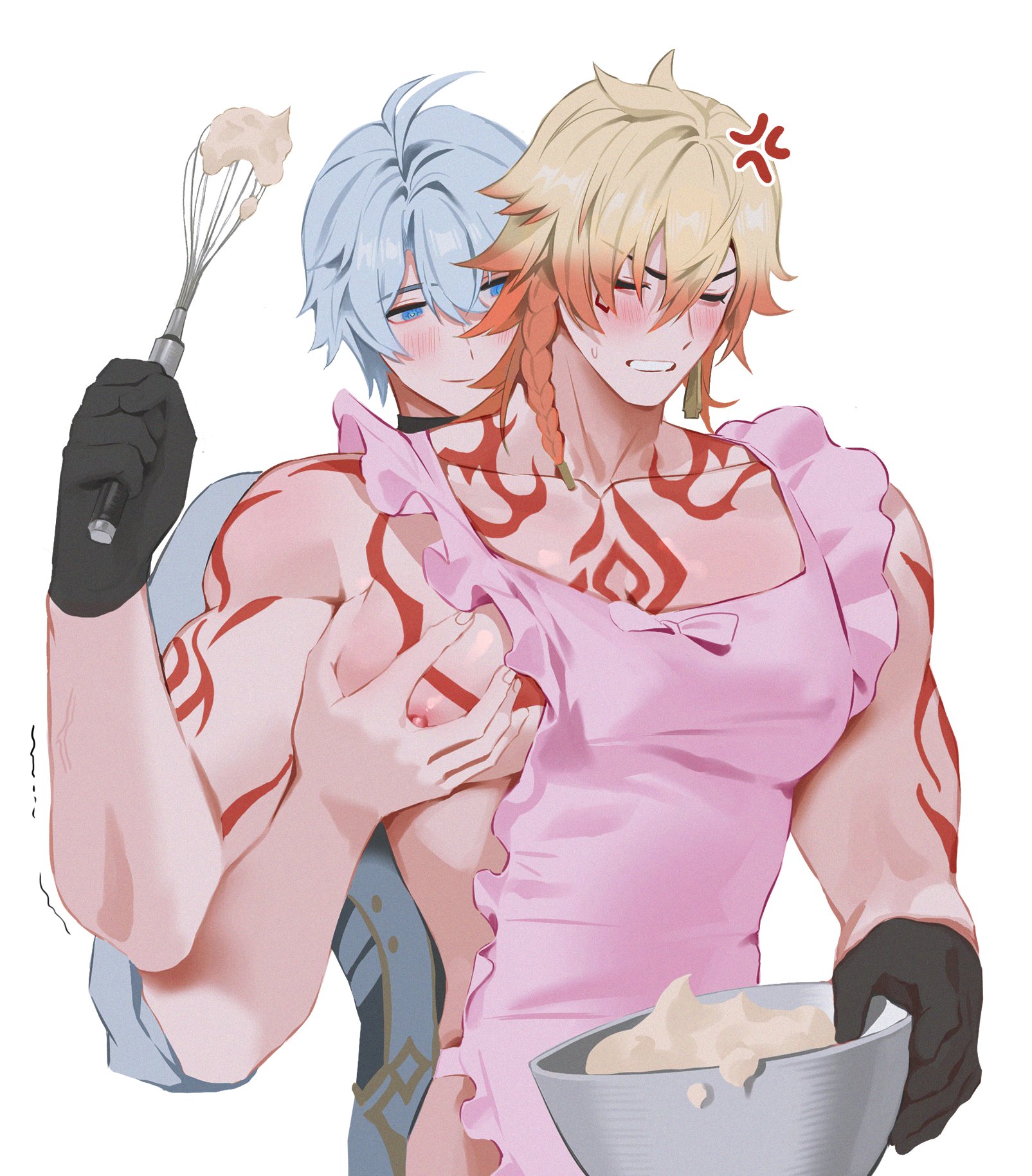 2boys, apron, big breasts, big nipples, breasts, cooking, gay, grabbing breasts, honkai: star rail, male, male only, mydei (honkai: star rail), phaidei (honkai: star rail), phainon (honkai: star rail), pink apron, red hair, tattoo, white hair, yaoi