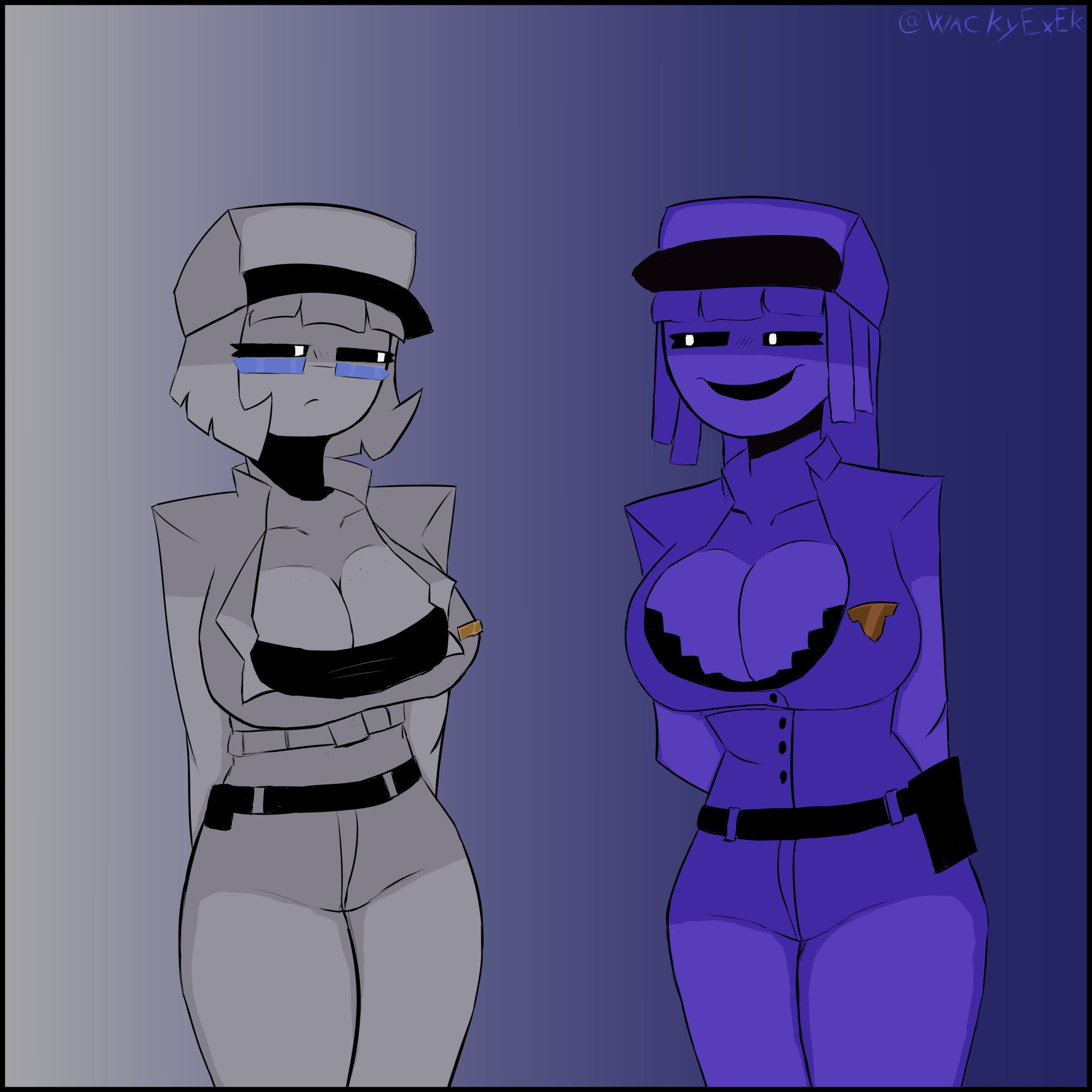 2d, 2d artwork, 2girls, cleavage, cleavage cutout, clothed, clothing, emily, female, female only, five nights at freddy's, genderswap, glasses, grey skin, hailey emily, happydn, hat, henry emily, milf, purple girl, purple guy (fnaf), purple skin, rule 63, security guard, security uniform, uniform, wendy afton, wendy afton (sqwunx design), william afton