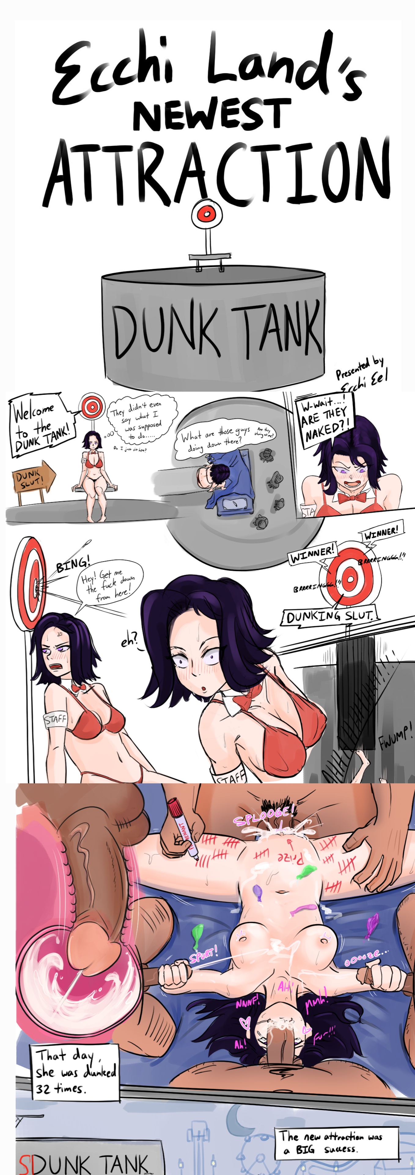 1girls, amusement park, amusement ride, angry, armband, bikini, body writing, bowtie, breasts, carnival, comic, condom, condom wrapper, cum, cum in mouth, cum inside, cum on body, cum on breasts, defeated, dialogue, diving board, double handjob, double penetration, dunk tank, ecchieel, falling, fellatio, female, game, gangbang, instant loss 2koma, internal cumshot, marker, moaning, orgy, purple eyes, purple hair, pussy, rape, sex, spitroast, target, throat fuck, tricked, used condom, vaginal penetration, x-ray