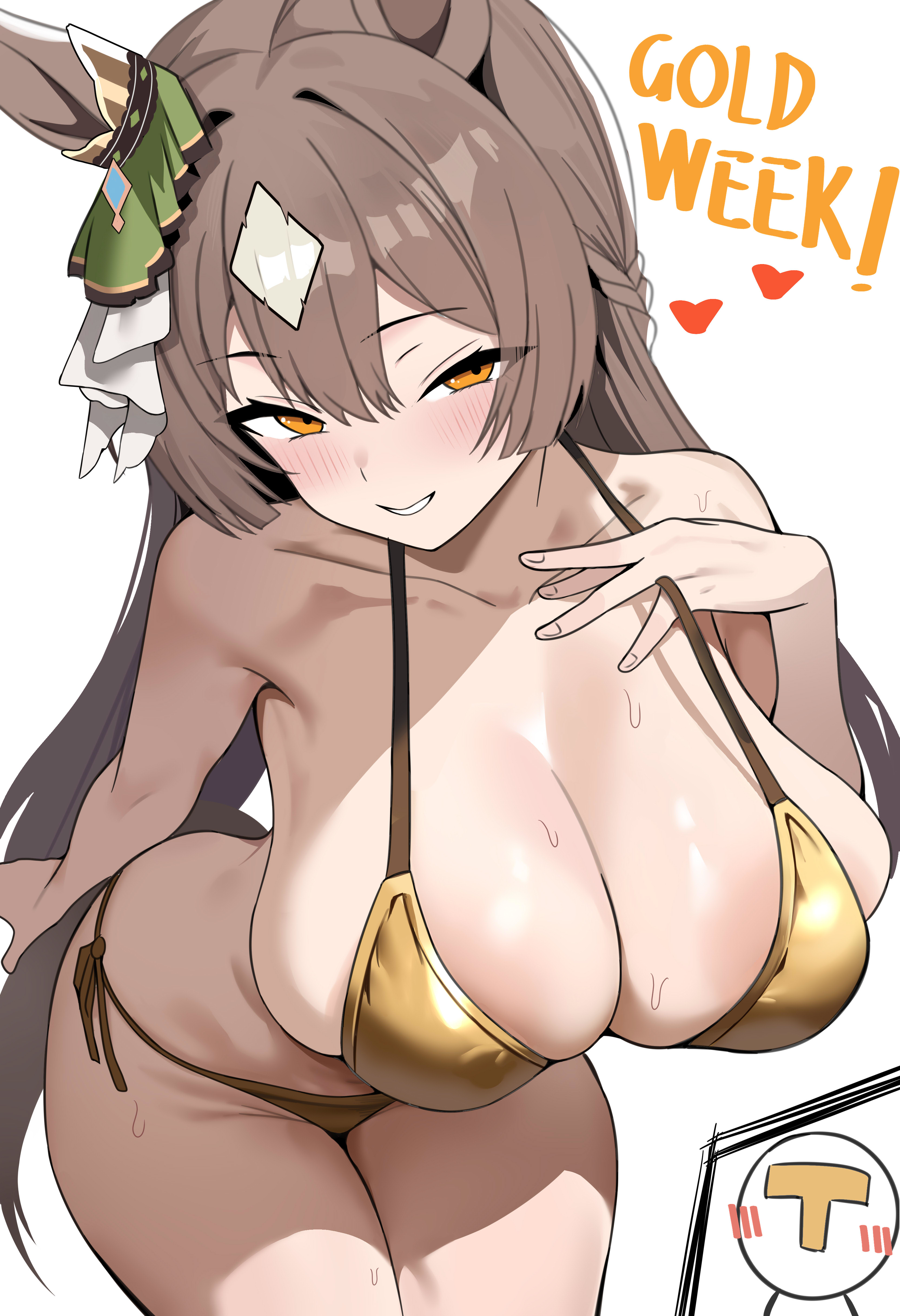 absurdres, animal ears, areola slip, bent over, bikini, blush, breasts, brown eyes, brown hair, cleavage, collarbone, diamond (shape), dush 1154, ear ornament, female, gold bikini, golden week, hair between eyes, hanging breasts, heart, highres, horse ears, horse girl, horse tail, huge breasts, large areolae, leaning forward, long hair, looking at viewer, multicolored hair, satono diamond (umamusume), side-tie bikini bottom, simple background, skindentation, smile, streaked hair, sweat, swimsuit, t-head trainer (umamusume), tail, thighs, trainer (umamusume), umamusume, white background, white hair