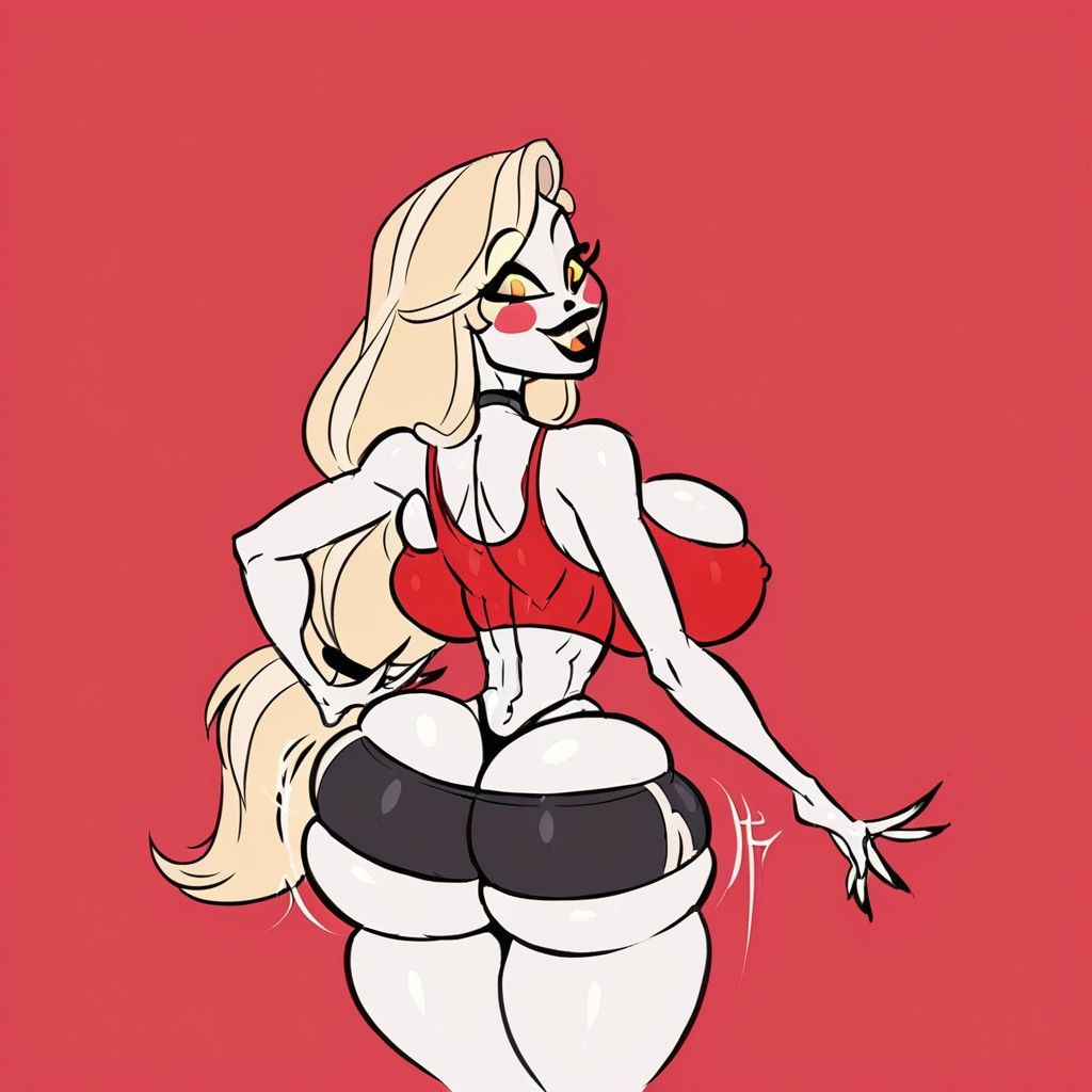 ai_generated ass_cleavage ass_focus back_view backboob black_nails black_panties blonde_hair blush_stickers butt_crack cellphone charlie_morningstar_(hazbin_hotel) civitai crop_top hair_tie hazbin_hotel huge_ass huge_breasts looking_at_viewer makeup ohhie selfie selfie_pose simple_background spindlehorse_toons sun1sol_(style) tight_clothing vivienne_medrano vivziepop