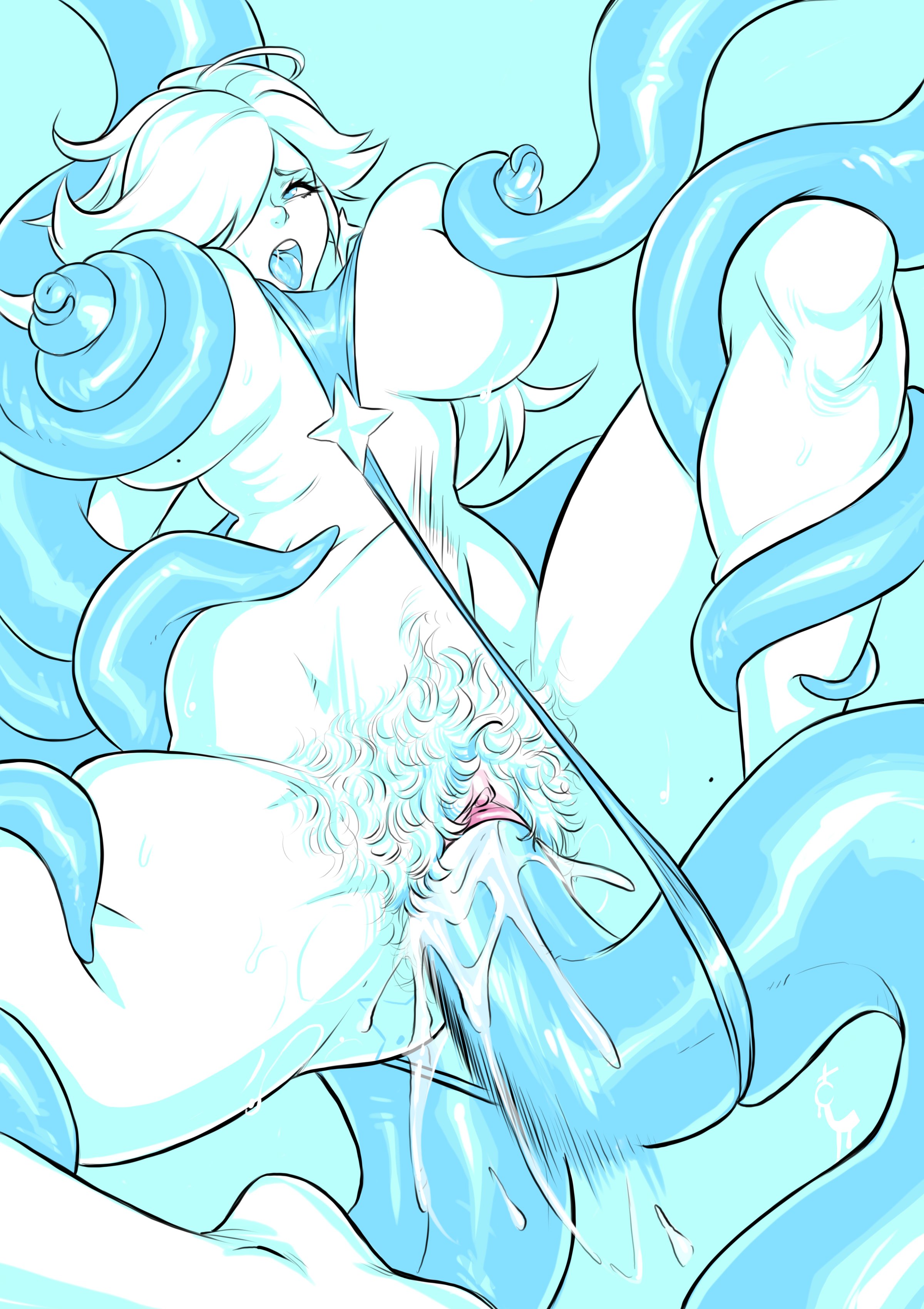 1girls, areolae, blue background, breasts, cum, cum in pussy, cum inside, female, female only, hair over one eye, hairy pussy, legs apart, mario (series), nintendo, nipples, nude, open mouth, penetration, pleasure face, princess rosalina, pubic hair, pussy, restrained, restrained by tentacles, sling bikini, solo, super mario galaxy, tentacle, tentacle around breast, tentacle around nipple, tentacle in pussy, tentacle rape, tentacles on female, thick thighs, tongue, tongue out, turtlechan, vaginal penetration, very high resolution