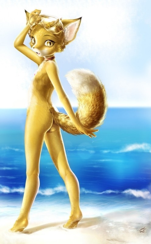 anthro beach breasts collars color day eyewear female female_only fur furry goggles outdoors pose seaside sligarthetiger solo standing water yellow_fur