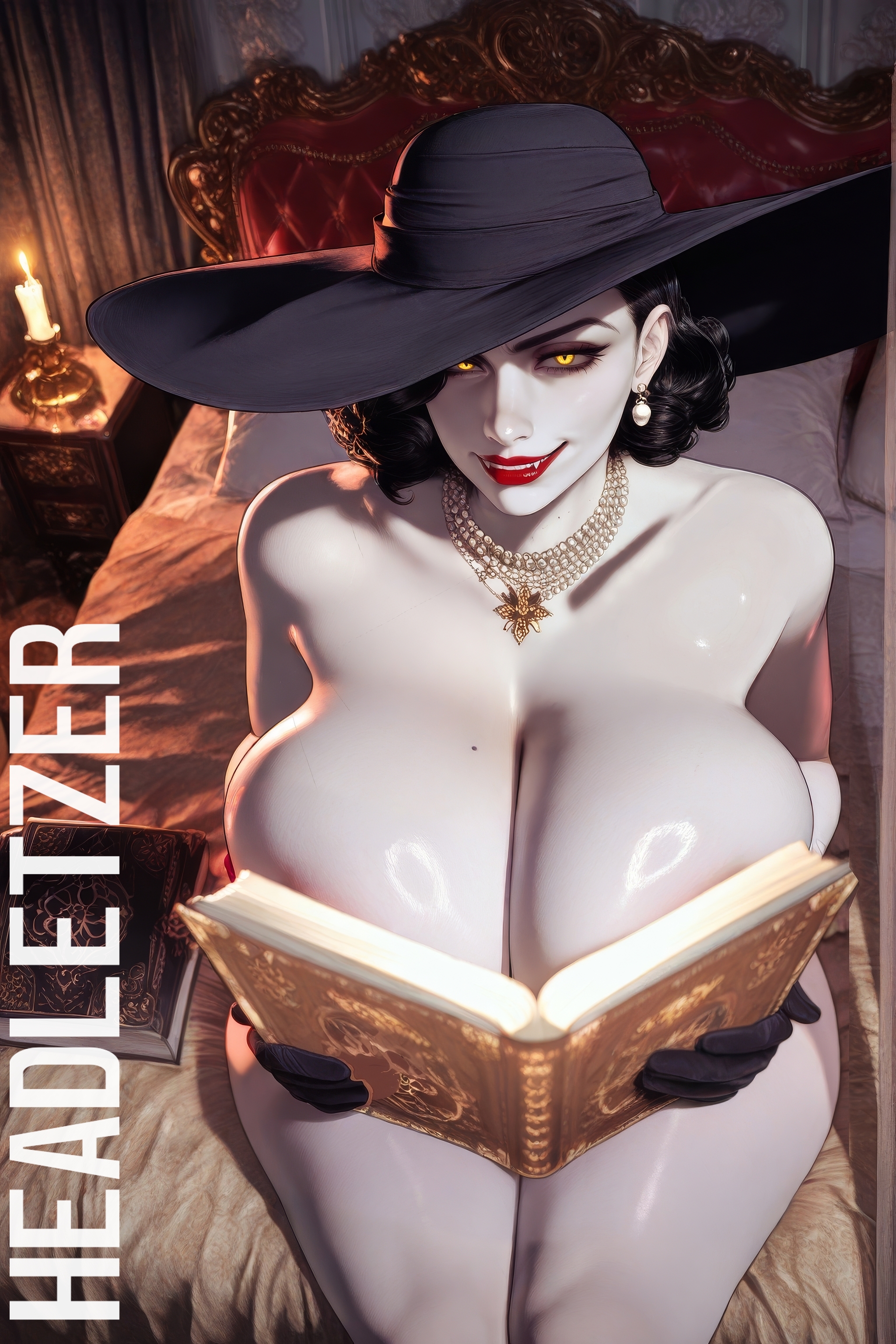 1girls, ai generated, alcina dimitrescu, bed, bedroom, fangs, female, headletzer, holding object, light skin, light-skinned female, looking at viewer, nude, pale skin, pale-skinned female, resident evil, resident evil 8: village, sitting on bed, solo, tagme