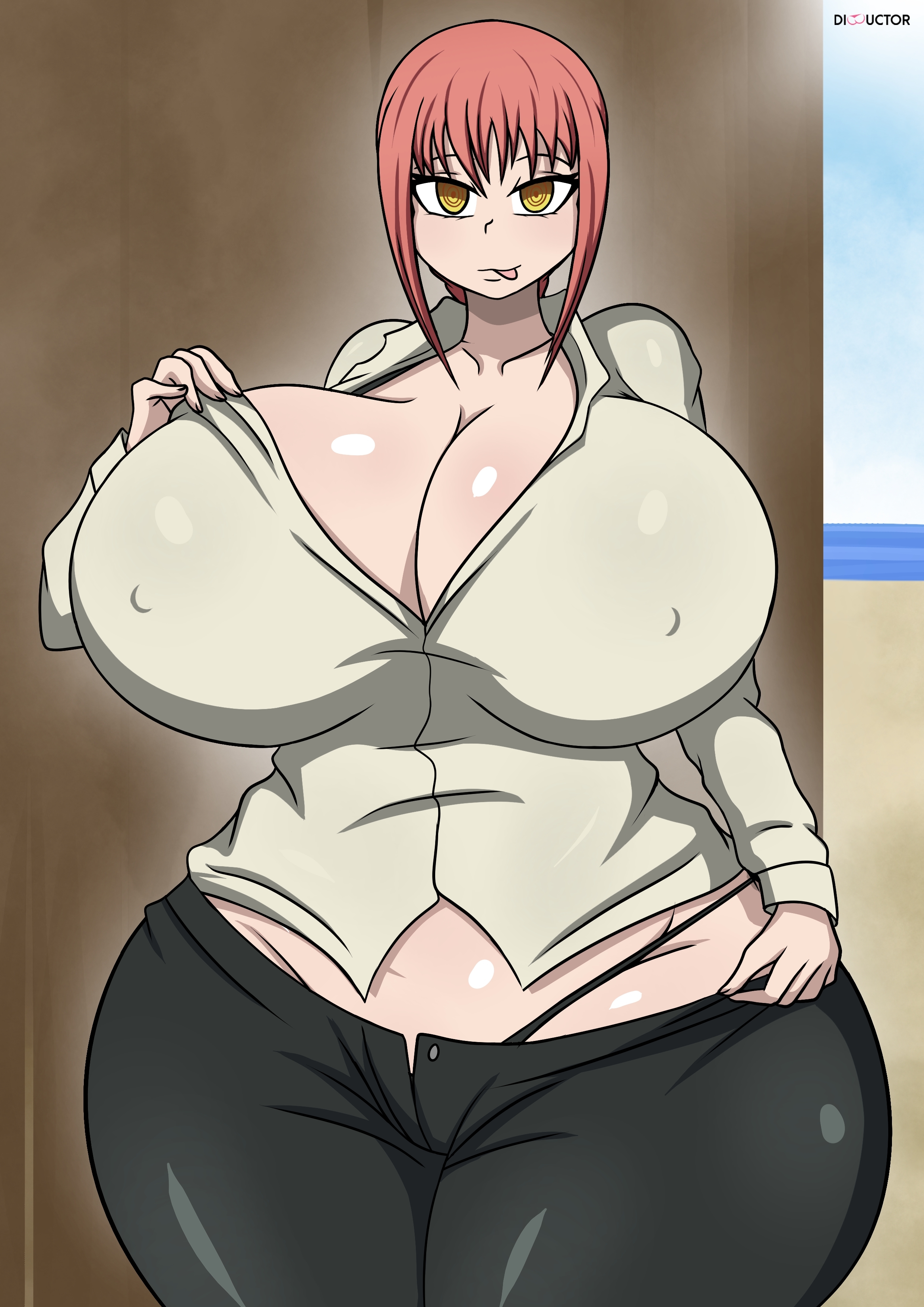 1girls, ass, big ass, big breasts, braid, braided hair, braided ponytail, breasts, chainsaw man, clothed female, clothing, dibuctor, female, female focus, female only, huge ass, huge breasts, makima (chainsaw man), pink hair, ponytail, smile, sole female, solo, solo female, solo focus, spitroast, tongue, tongue out, yellow eyes