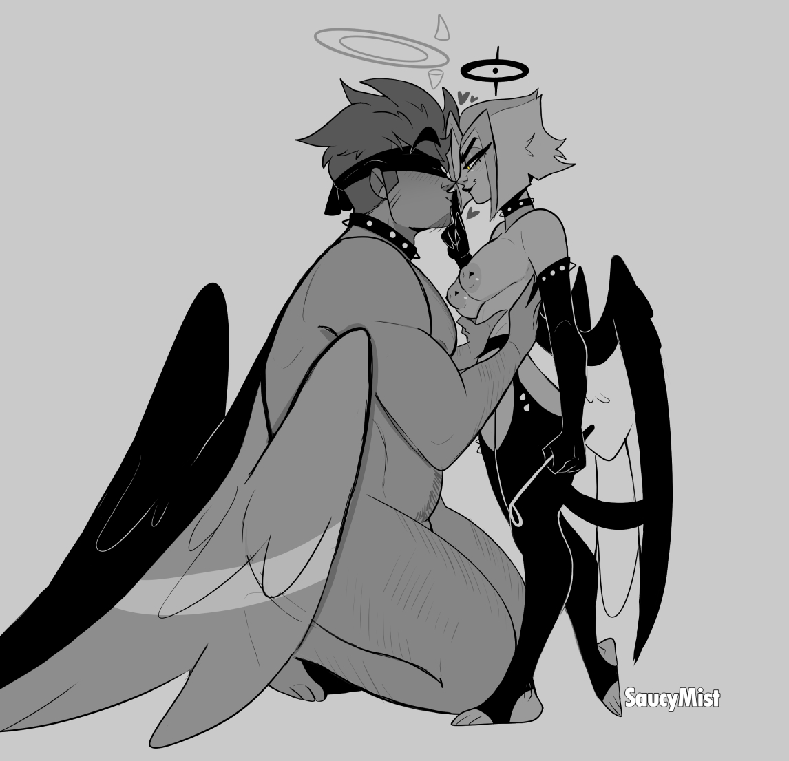2angels, adam (hazbin hotel), angel, angel boy, angel girl, angel wings, angels, blindfold, female, femdom, hazbin hotel, lute (hazbin hotel), male, malesub, saucymist, stirrup legwear, tagme
