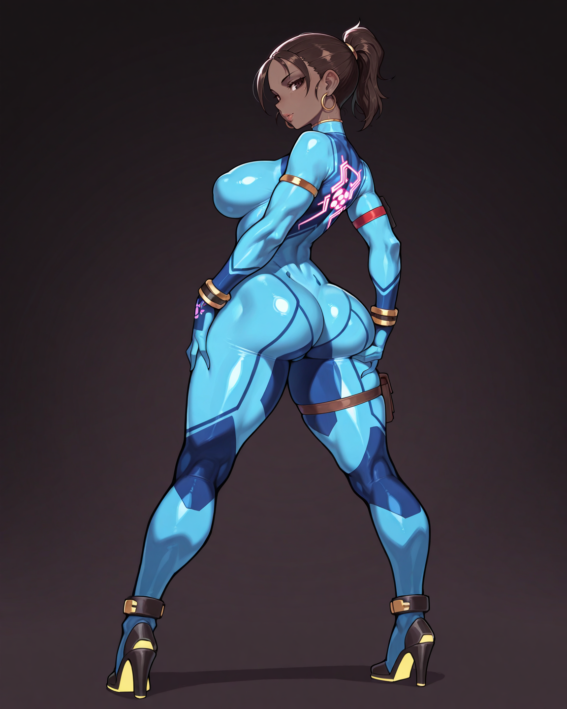 ai generated, ass, bodysuit, breasts, brown eyes, brown hair, capcom, dark background, dark skin, dark-skinned female, female, gold jewelry, goonsmith, hand on ass, hand on butt, high heels, hoop earrings, large ass, large breasts, lips, looking at viewer, metroid, ponytail, presenting hindquarters, rear view, resident evil, resident evil 5, samus aran (cosplay), sheva alomar, simple background, skin tight, solo, standing, voluptuous, zero suit