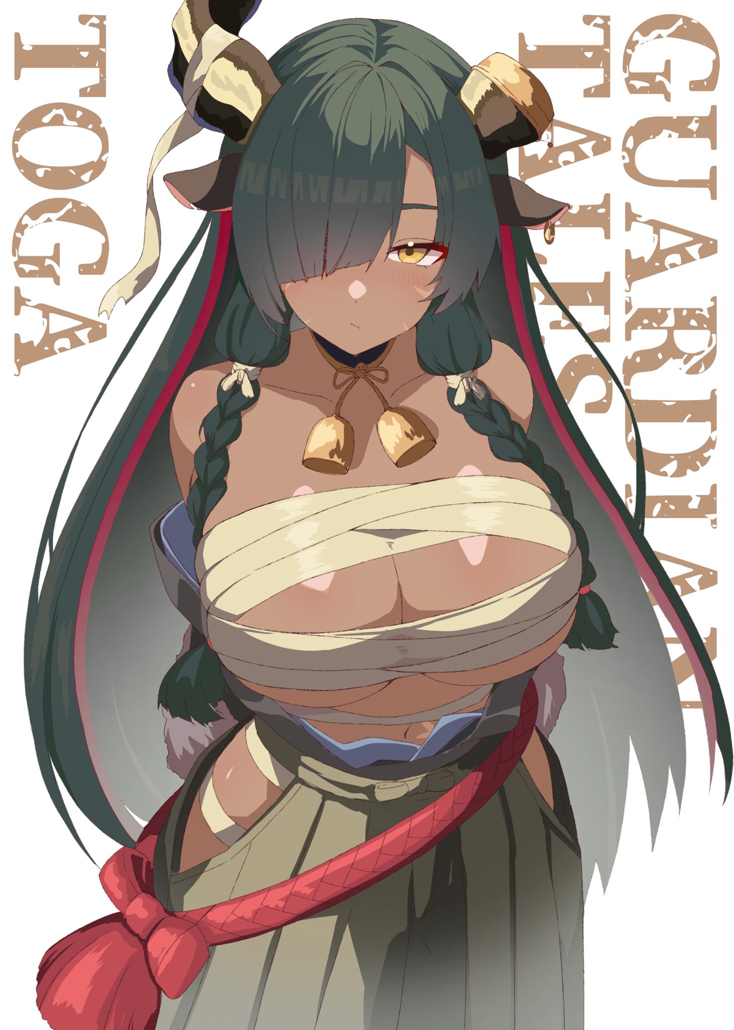 black hair, brown skin, guardian tales, horn huntress toga (guardian tales), kaidoshin (artist), long hair, tagme, toga (guardian tales), yellow eyes