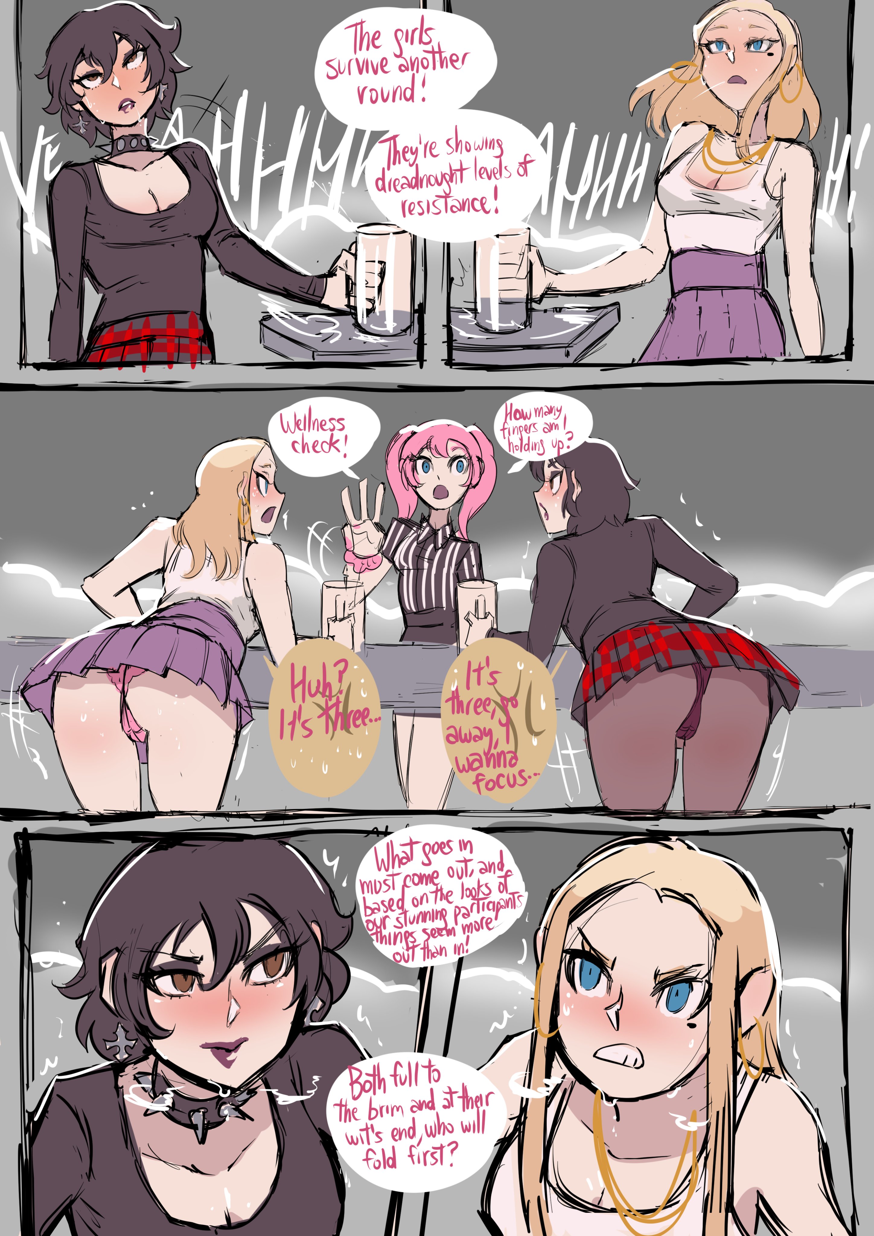 3girls, 5koma, ass, barbara (biku), big breasts, biku, black hair, black nail polish, black nails, black pantyhose, black shirt, black skirt, blonde hair, blue eyes, blush, breasts, brown eyes, cleavage, clenched teeth, collar, comic, comic panel, competitive pee holding, contest, cross earrings, deborah (biku), drunk, earrings, english text, female, female only, hair on breasts, have to pee, hoop earrings, jewelry, lipstick, long hair, long sleeves, maggie (biku), mole, mole under eye, necklace, onomatopoeia, open mouth, original, panties, panties under pantyhose, pantyhose, pantyshot, pink hair, pink nail polish, pink nails, pink panties, pink underwear, plaid, plaid skirt, purple panties, purple skirt, purple underwear, referee, scrunchie, scrunchie on wrist, shiny skin, shirt, short hair, skirt, speech bubble, spiked collar, sweat, tank top, text, text bubble, twintails, underwear, upskirt, white shirt, white tank top