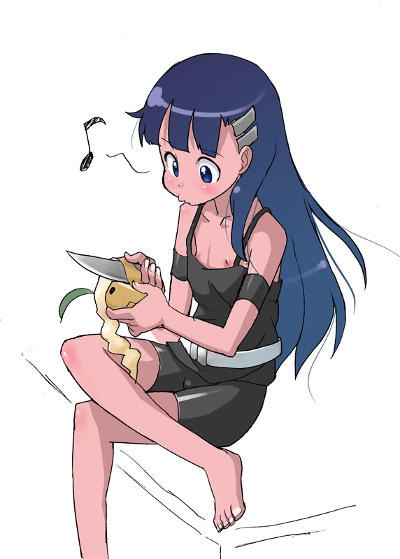 1girls barefoot bike_shorts blue_hair breasts down_blouse feet female flat_chest kiyal_bachika knife latex long_hair nipple_slip nipples ookamiuo peeling solo tengen_toppa_gurren-lagann tengen_toppa_gurren_lagann