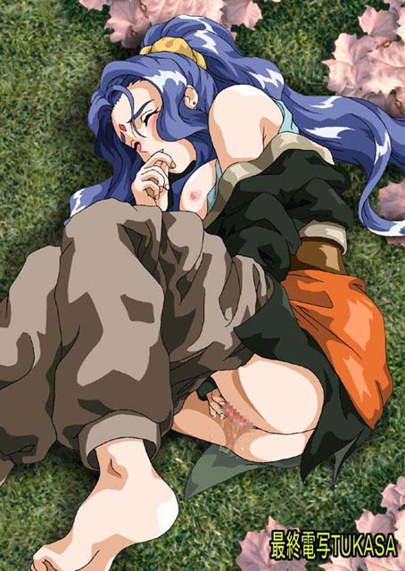 1girls alielle_relryle artist_signature ass blue_hair breasts censored curvaceous el_hazard eyes_closed female fingering human long_hair lying masturbation mosaic_censoring nipples pale-skinned_female pale_skin pussy solo tukasa