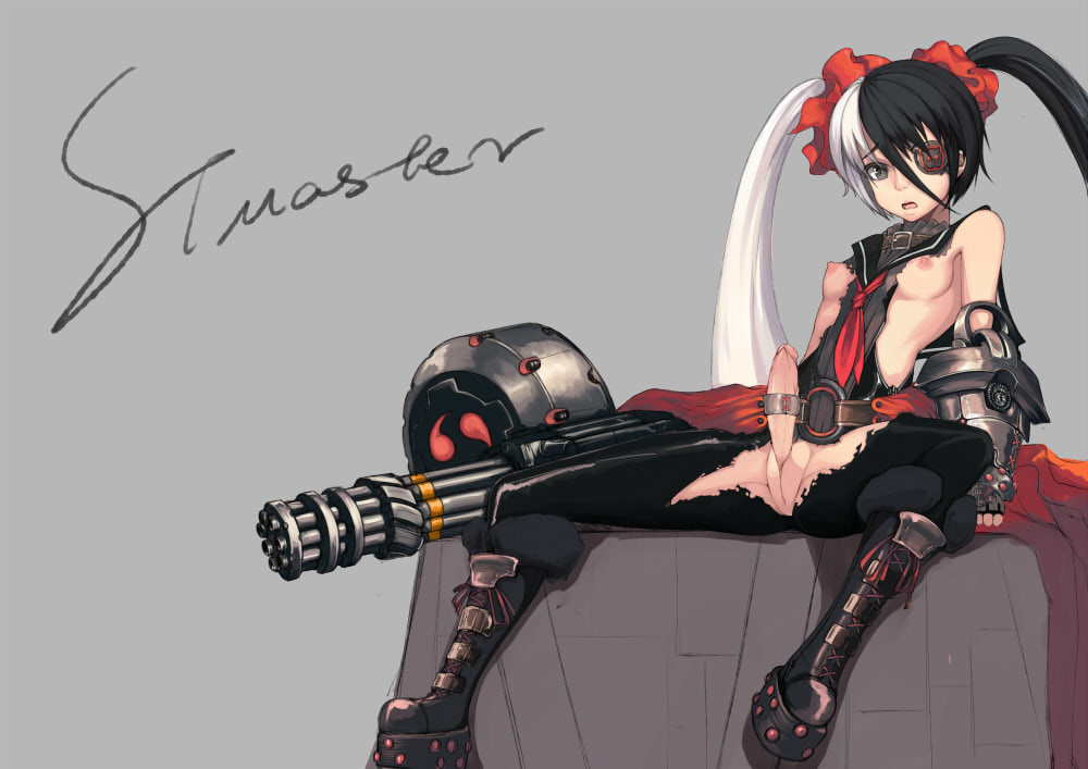 1futa blade_&_soul boots breasts cock_ring erection eye_patch futa_only futanari gatling_gun gun intersex nipples open_mouth penis pohwaran pussy sitting small_breasts solo spread_legs stmaster tied_hair torn_clothes twintails two_tone_hair uncensored weapon